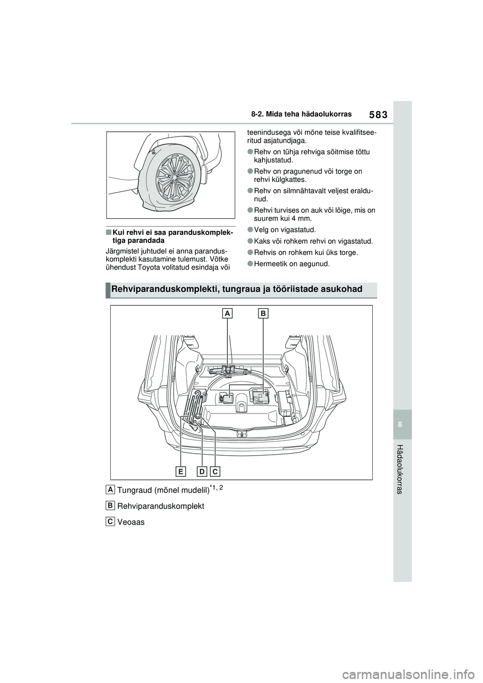 TOYOTA RAV4 PHEV 2021  Kasutusjuhend (in Estonian) 583
8
8-2. Mida teha hädaolukorras
Hädaolukorras
■Kui rehvi ei saa paranduskomplek-
tiga parandada
Järgmistel juhtudel ei anna parandus-
komplekti kasutamine tulemust. Võtke 
ühendust Toyota vo