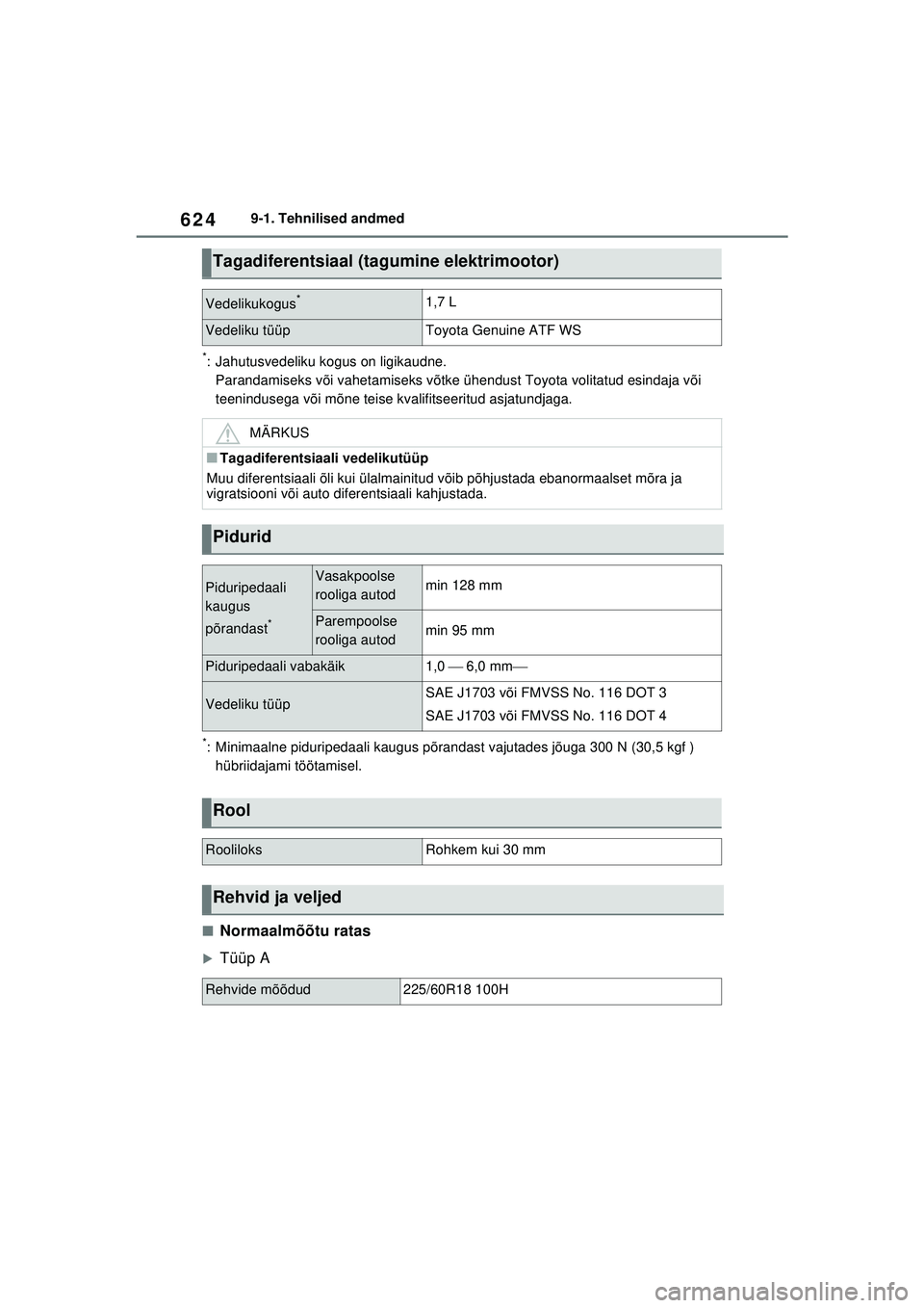 TOYOTA RAV4 PHEV 2021  Kasutusjuhend (in Estonian) 6249-1. Tehnilised andmed
*: Jahutusvedeliku kogus on ligikaudne.Parandamiseks või vahetamiseks võtke ühendust Toyota volitatud esindaja või 
teenindusega või mõne teise kvalifitseeritud asjatun