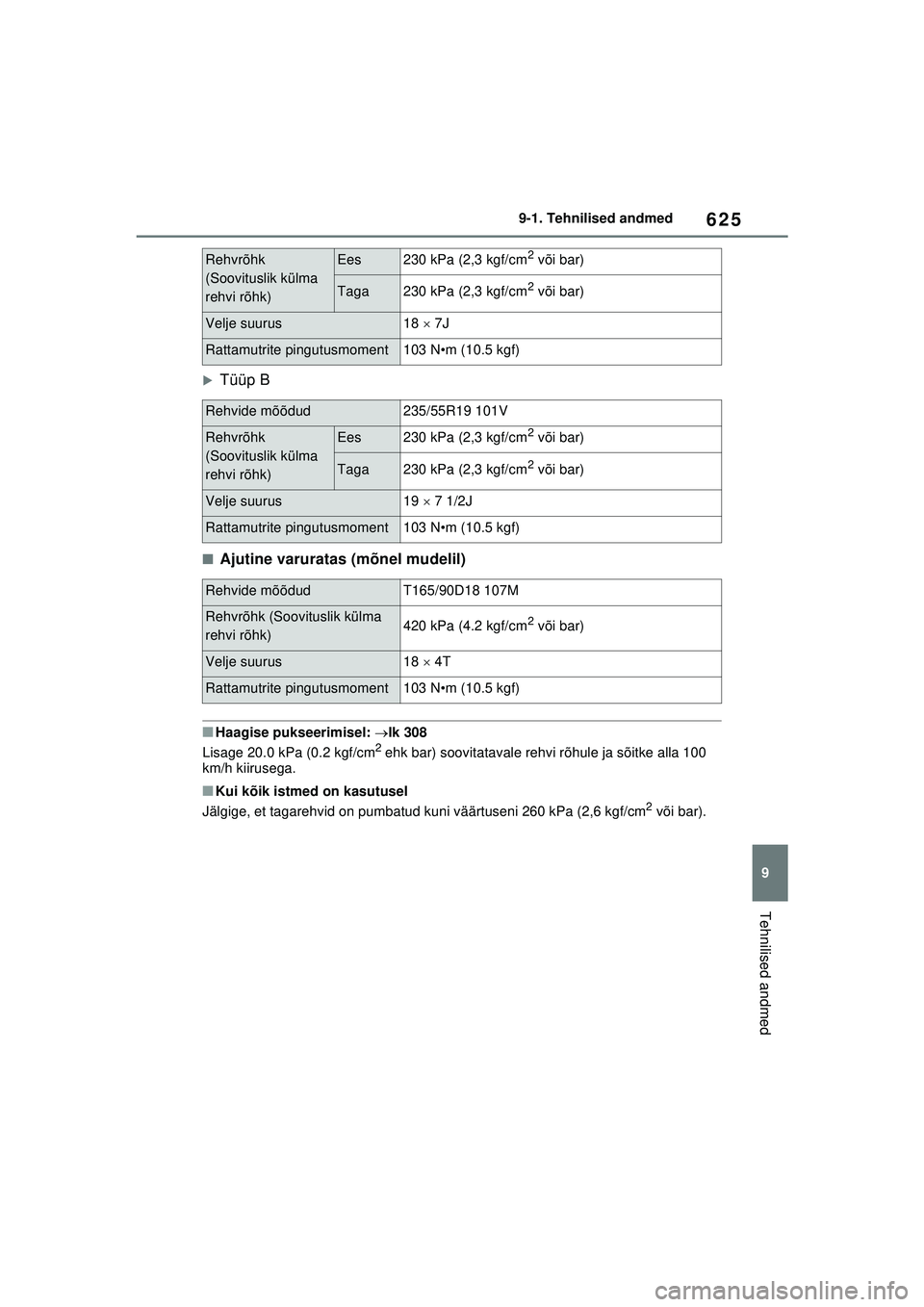 TOYOTA RAV4 PHEV 2021  Kasutusjuhend (in Estonian) 625
9
9-1. Tehnilised andmed
Tehnilised andmed
�XTüüp B
■Ajutine varuratas (mõnel mudelil)
■Haagise pukseerimisel: 
lk 308
Lisage 20.0 kPa (0.2 kgf/cm2 ehk bar) soovitatavale rehvi rõhule j