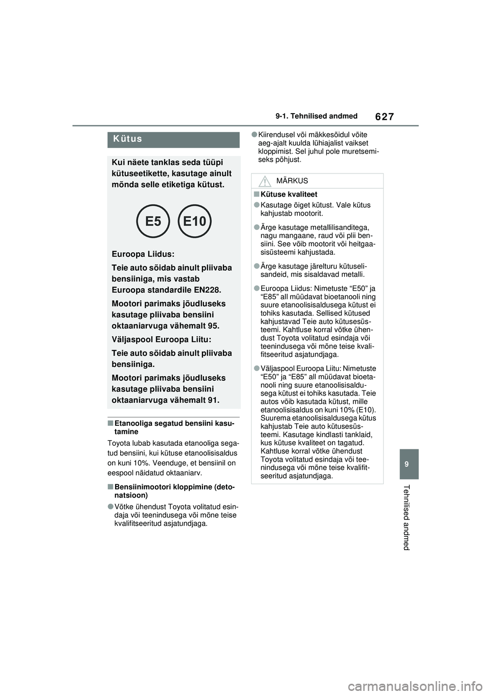 TOYOTA RAV4 PHEV 2021  Kasutusjuhend (in Estonian) 627
9
9-1. Tehnilised andmed
Tehnilised andmed
■Etanooliga segatud bensiini kasu-
tamine
Toyota lubab kasutada etanooliga sega-
tud bensiini, kui kütuse etanoolisisaldus 
on kuni 10%. Veenduge, et 