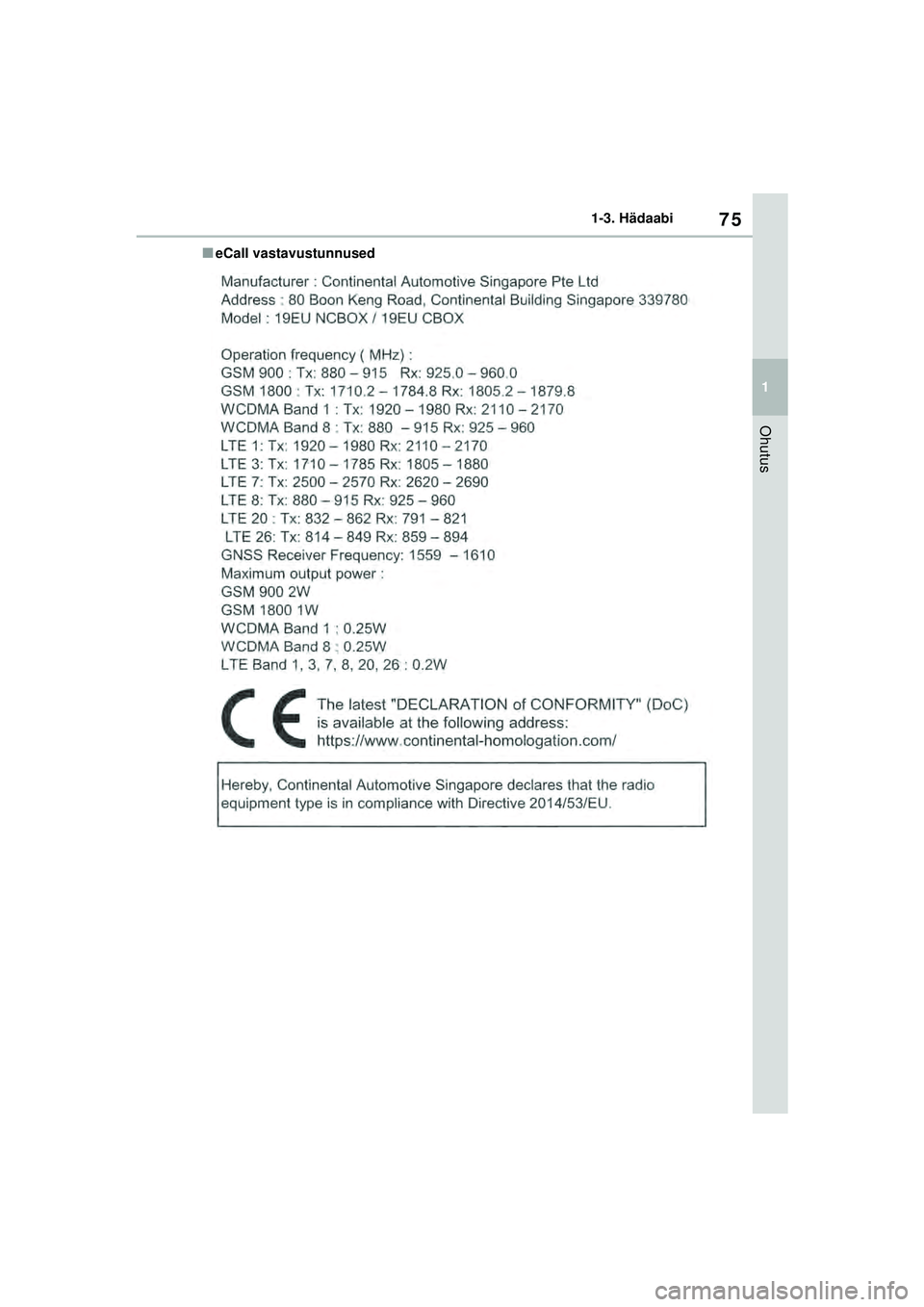 TOYOTA RAV4 PHEV 2021 Kasutusjuhend (in Estonian) 75
1
1-3. Hädaabi
Ohutus
■eCall vastavustunnused
pM_RAV4-Plug-in-Hybrid_OM_OM42E06E_(EE).book Page 75 Sunday, February 28, 2021 10:52 AM TOYOTA RAV4 PHEV 2021 Kasutusjuhend (in Estonian) 75
1
1-3. Hädaabi
Ohutus
■eCall vastavustunnused
pM_RAV4-Plug-in-Hybrid_OM_OM42E06E_(EE).book Page 75 Sunday, February 28, 2021 10:52 AM