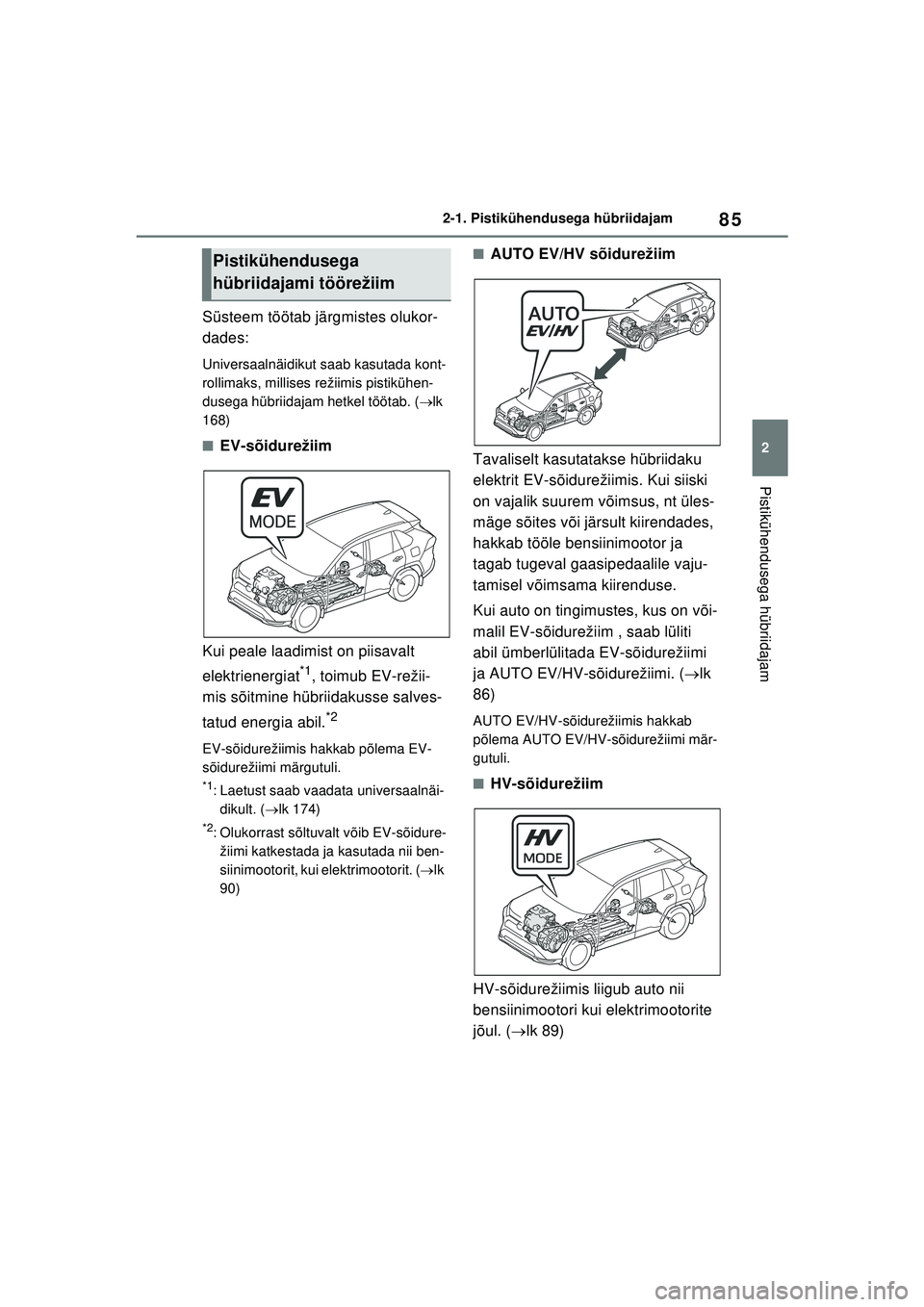 TOYOTA RAV4 PHEV 2021 Kasutusjuhend (in Estonian) 85
2
2-1. Pistikühendusega hübriidajam
Pistikühendusega hübriidajam
Süsteem töötab järgmistes olukor-
dades:
Universaalnäidikut saab kasutada kont-
rollimaks, millises režiimis pistikühen-
TOYOTA RAV4 PHEV 2021 Kasutusjuhend (in Estonian) 85
2
2-1. Pistikühendusega hübriidajam
Pistikühendusega hübriidajam
Süsteem töötab järgmistes olukor-
dades:
Universaalnäidikut saab kasutada kont-
rollimaks, millises režiimis pistikühen-