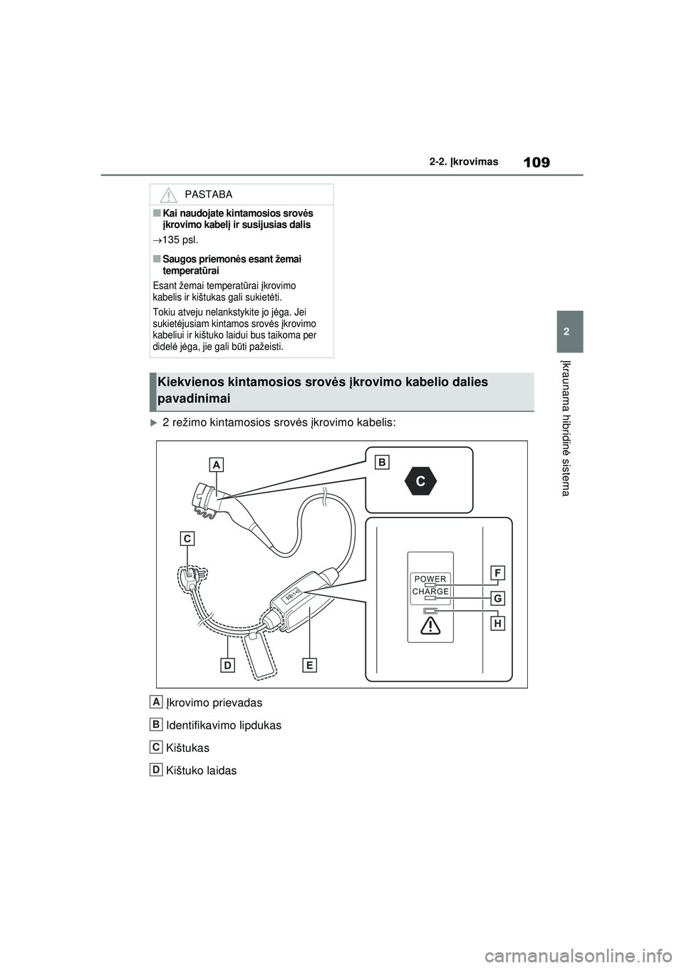 TOYOTA RAV4 PHEV 2021  Eksploatavimo vadovas (in Lithuanian) 109
2
2-2. 
Įkrovimas
Į kraunama hibridin ė sistema
�X2 režimo kintamosios srov ės  įkrovimo kabelis:
Į krovimo prievadas
Identifikavimo lipdukas
Kištukas
Kištuko laidas
PASTABA
■Kai naudoj