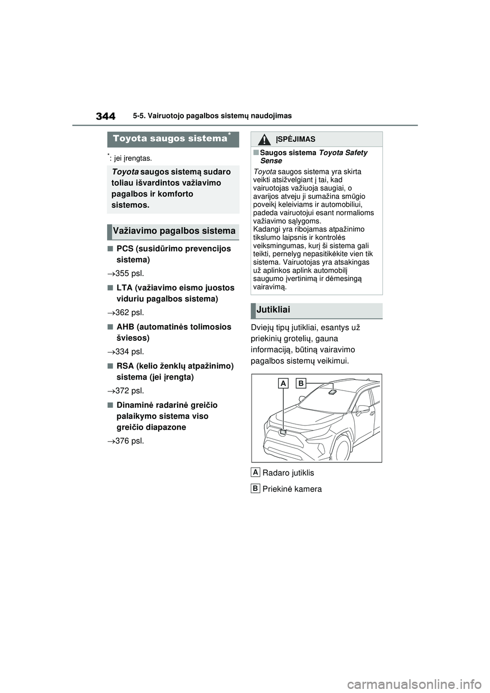 TOYOTA RAV4 PHEV 2021 Eksploatavimo vadovas (in Lithuanian) 3445-5. Vairuotojo pagalbos sistemų naudojimas
5 -5 .V ai ruotojo pag al bos si ste m ų n audoj ima s
*:jei įrengtas.
■PCS (susid ūrimo prevencijos
sistema)
355 psl.
■LTA (važiavimo eis TOYOTA RAV4 PHEV 2021 Eksploatavimo vadovas (in Lithuanian) 3445-5. Vairuotojo pagalbos sistemų naudojimas
5 -5 .V ai ruotojo pag al bos si ste m ų n audoj ima s
*:jei įrengtas.
■PCS (susid ūrimo prevencijos
sistema)
355 psl.
■LTA (važiavimo eis