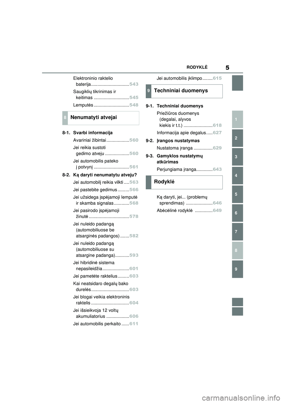 TOYOTA RAV4 PHEV 2021  Eksploatavimo vadovas (in Lithuanian) 5RODYKLĖ
1
6 5
4
3
2
8
7
9
Elektroninio raktelio 
baterija .............................. 543
Saugikli ų tikrinimas ir 
keitimas ............................ 545
Lemput ės .........................