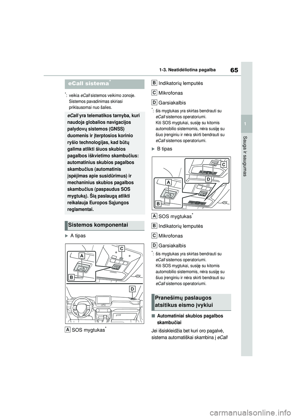TOYOTA RAV4 PHEV 2021  Eksploatavimo vadovas (in Lithuanian) 65
1
1-3. Neatid
ėliotina pagalba
Sauga ir saugumas
1-3.Neatid ėl iotina  pa ga lba
*:veikia  eCall sistemos veikimo zonoje. 
Sistemos pavadinimas skiriasi 
priklausomai nuo šalies.
�XA tipas
SOS m