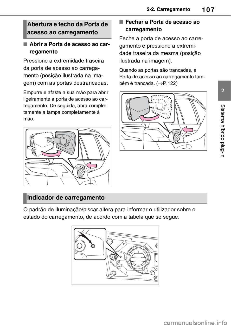 TOYOTA RAV4 PHEV 2021 Manual de utilização (in Portuguese) 107
2 2-2. Carregamento
Sistema híbrido plug-in
Abrir a Porta de acesso ao car-
regamento
Pressione a extremidade traseira
da porta de acesso ao carrega-
mento (posição ilustrada na ima-
gem) c TOYOTA RAV4 PHEV 2021 Manual de utilização (in Portuguese) 107
2 2-2. Carregamento
Sistema híbrido plug-in
Abrir a Porta de acesso ao car-
regamento
Pressione a extremidade traseira
da porta de acesso ao carrega-
mento (posição ilustrada na ima-
gem) c