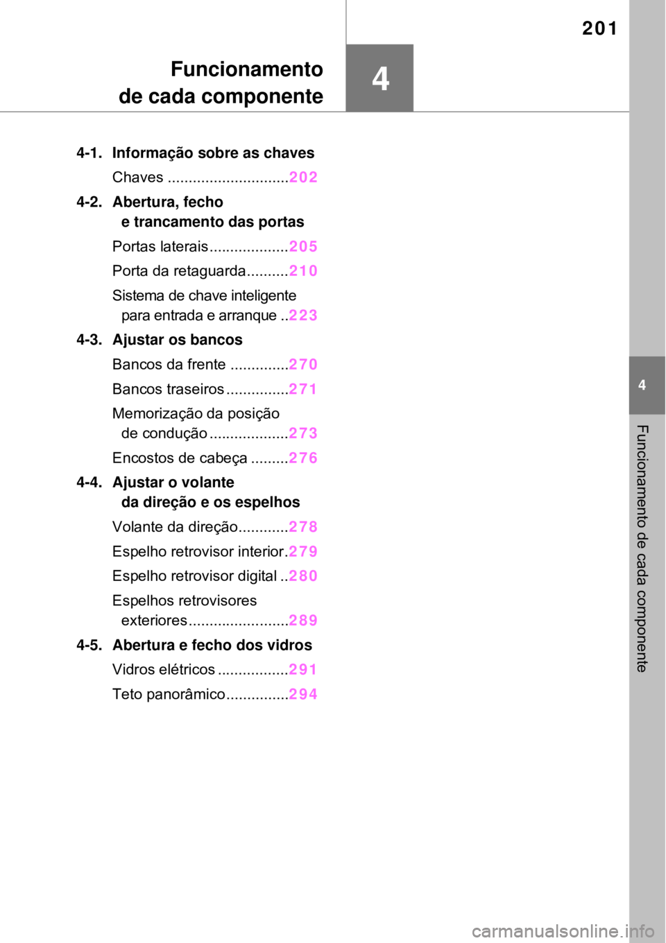 TOYOTA RAV4 PHEV 2021  Manual de utilização (in Portuguese) 4
201
4
Funcionamento de cada componente
Funcionamento
de cada componente
4-1. Informação sobre as chaves
Chaves .............................202
4-2. Abertura, fecho 
e trancamento das portas
Porta