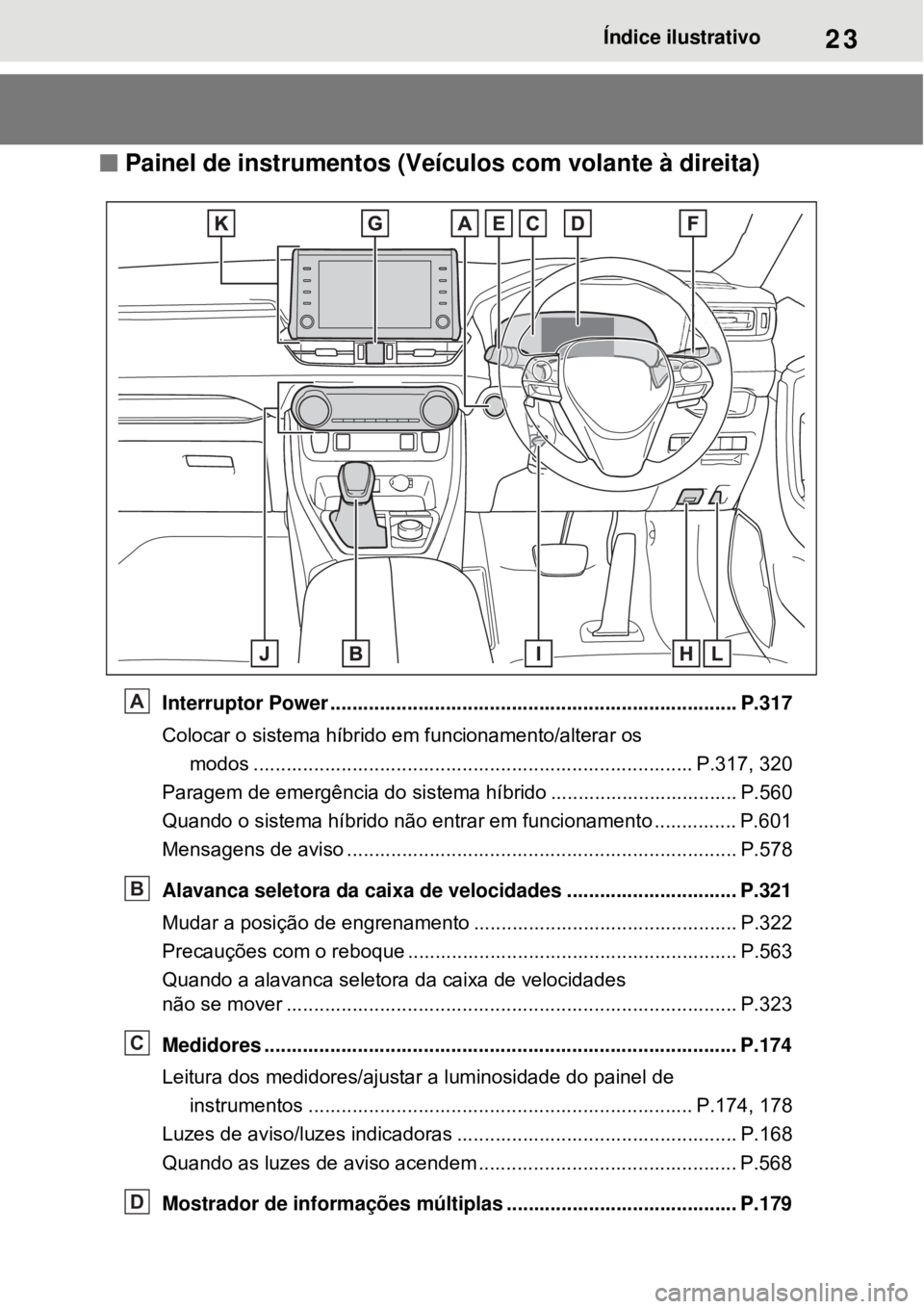 TOYOTA RAV4 PHEV 2021 Manual de utilização (in Portuguese) 23Índice ilustrativo
Painel de instrumentos (Veículos com volante à direita)
Interruptor Power .......................................................................... P.317
Colocar o sistema TOYOTA RAV4 PHEV 2021 Manual de utilização (in Portuguese) 23Índice ilustrativo
Painel de instrumentos (Veículos com volante à direita)
Interruptor Power .......................................................................... P.317
Colocar o sistema