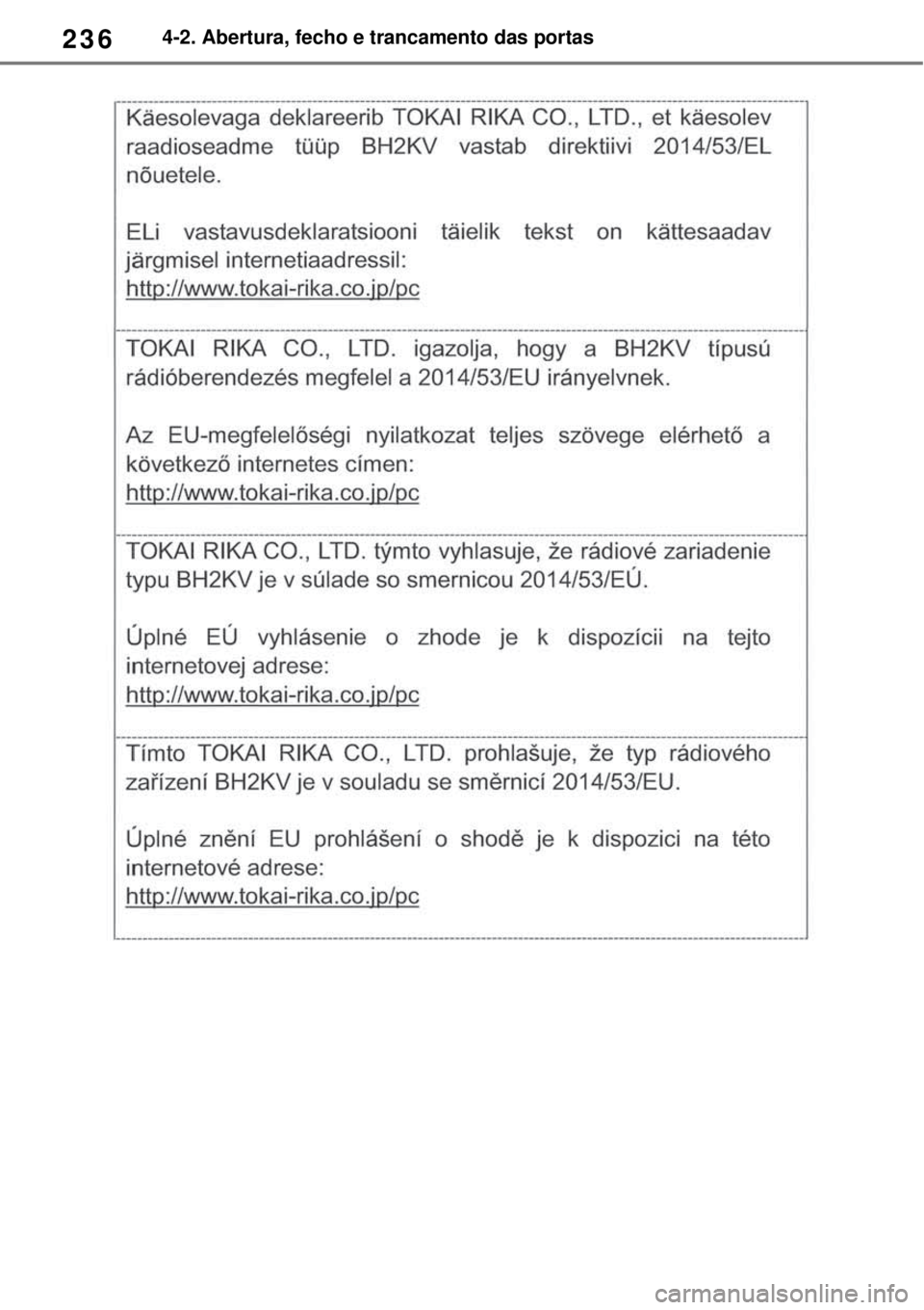TOYOTA RAV4 PHEV 2021 Manual de utilização (in Portuguese) 2364-2. Abertura, fecho e trancamento das portas TOYOTA RAV4 PHEV 2021 Manual de utilização (in Portuguese) 2364-2. Abertura, fecho e trancamento das portas