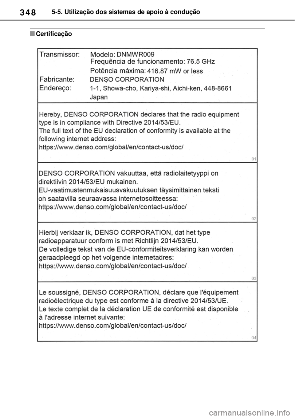 TOYOTA RAV4 PHEV 2021 Manual de utilização (in Portuguese) 3485-5. Utilização dos sistemas de apoio à condução
Certificação TOYOTA RAV4 PHEV 2021 Manual de utilização (in Portuguese) 3485-5. Utilização dos sistemas de apoio à condução
Certificação