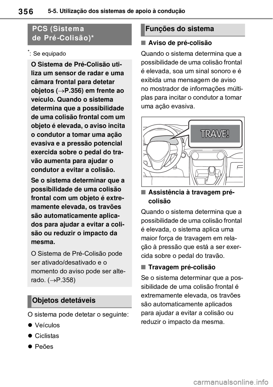 TOYOTA RAV4 PHEV 2021 Manual de utilização (in Portuguese) 3565-5. Utilização dos sistemas de apoio à condução
*: Se equipado
O sistema pode detetar o seguinte:
Veículos
Ciclistas
Peões
Aviso de pré-colisão
Quando o sistema determina que TOYOTA RAV4 PHEV 2021 Manual de utilização (in Portuguese) 3565-5. Utilização dos sistemas de apoio à condução
*: Se equipado
O sistema pode detetar o seguinte:
Veículos
Ciclistas
Peões
Aviso de pré-colisão
Quando o sistema determina que