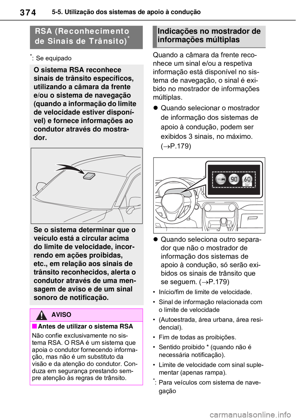 TOYOTA RAV4 PHEV 2021 Manual de utilização (in Portuguese) 3745-5. Utilização dos sistemas de apoio à condução
*: Se equipadoQuando a câmara da frente reco-
nhece um sinal e/ou a respetiva
informação está disponível no sis-
tema de navegação, o s TOYOTA RAV4 PHEV 2021 Manual de utilização (in Portuguese) 3745-5. Utilização dos sistemas de apoio à condução
*: Se equipadoQuando a câmara da frente reco-
nhece um sinal e/ou a respetiva
informação está disponível no sis-
tema de navegação, o s