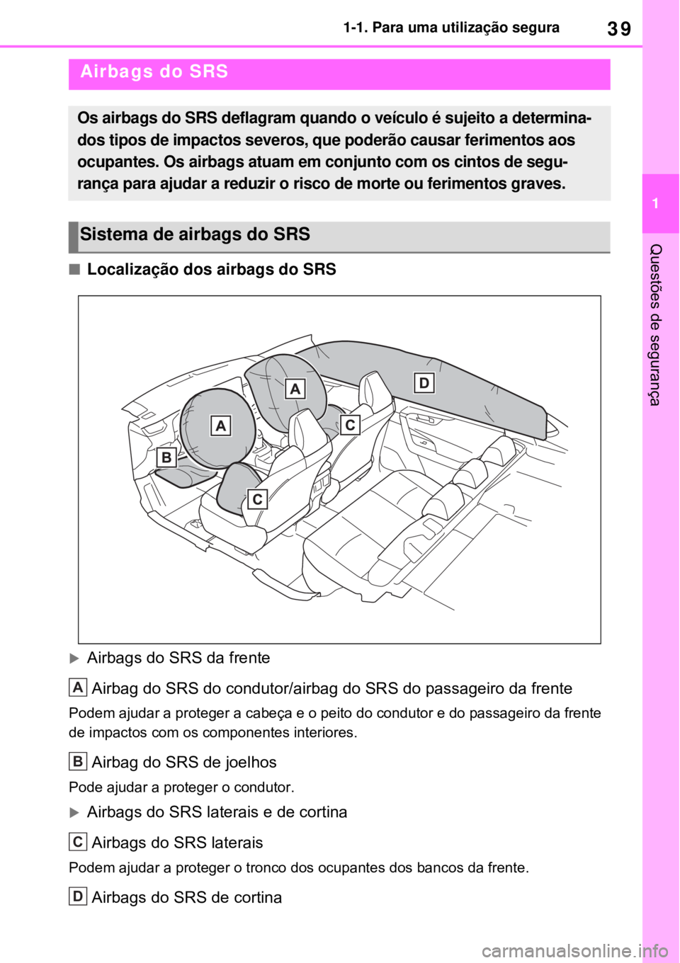 TOYOTA RAV4 PHEV 2021 Manual de utilização (in Portuguese) 39
1 1-1. Para uma utilização segura
Questões de segurança
Localização dos airbags do SRS
Airbags do SRS da frente
Airbag do SRS do condutor/airbag do SRS do passageiro da frente
Podem aju TOYOTA RAV4 PHEV 2021 Manual de utilização (in Portuguese) 39
1 1-1. Para uma utilização segura
Questões de segurança
Localização dos airbags do SRS
Airbags do SRS da frente
Airbag do SRS do condutor/airbag do SRS do passageiro da frente
Podem aju