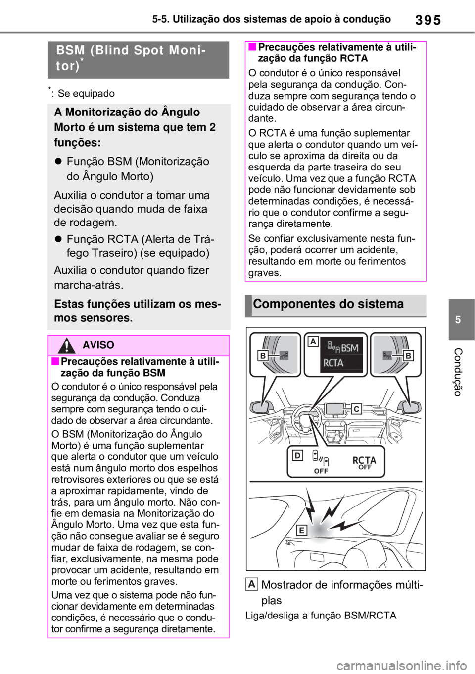 TOYOTA RAV4 PHEV 2021 Manual de utilização (in Portuguese) 395
5 5-5. Utilização dos sistemas de apoio à condução
Condução
*: Se equipado
Mostrador de informações múlti-
plas
Liga/desliga a função BSM/RCTA
BSM (Blind Spot Moni-
tor)*
A Monitoriza TOYOTA RAV4 PHEV 2021 Manual de utilização (in Portuguese) 395
5 5-5. Utilização dos sistemas de apoio à condução
Condução
*: Se equipado
Mostrador de informações múlti-
plas
Liga/desliga a função BSM/RCTA
BSM (Blind Spot Moni-
tor)*
A Monitoriza