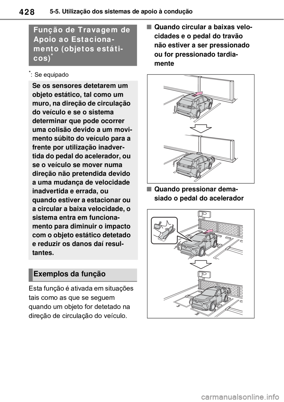 TOYOTA RAV4 PHEV 2021 Manual de utilização (in Portuguese) 4285-5. Utilização dos sistemas de apoio à condução
*: Se equipado
Esta função é ativada em situações
tais como as que se seguem
quando um objeto for detetado na
direção de circulação TOYOTA RAV4 PHEV 2021 Manual de utilização (in Portuguese) 4285-5. Utilização dos sistemas de apoio à condução
*: Se equipado
Esta função é ativada em situações
tais como as que se seguem
quando um objeto for detetado na
direção de circulação