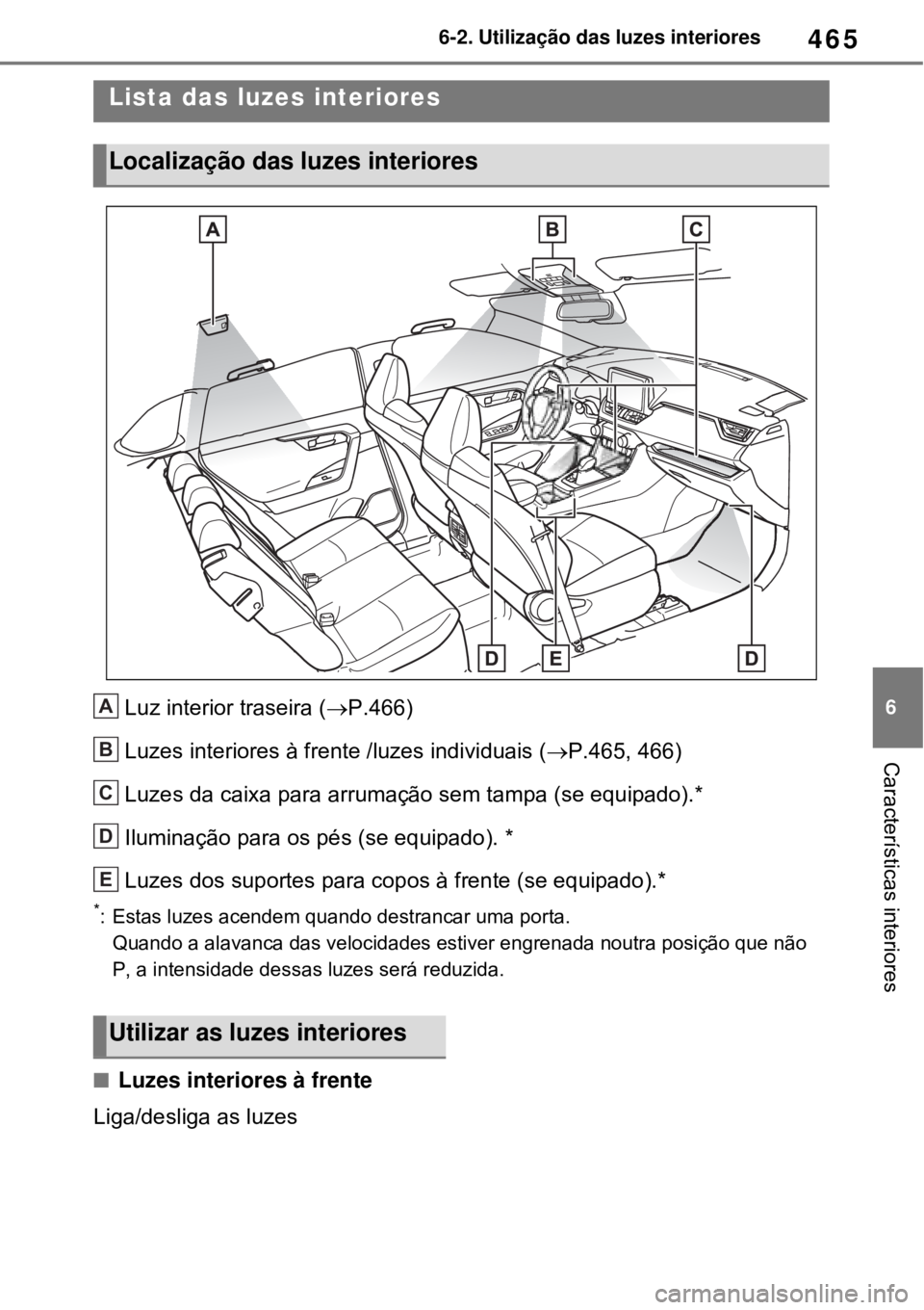 TOYOTA RAV4 PHEV 2021 Manual de utilização (in Portuguese) 465
6 6-2. Utilização das luzes interiores
Características interiores
6-2.Utilização das luzes interiores
Luz interior traseira (P.466)
Luzes interiores à frente /luzes individuais (P.465, TOYOTA RAV4 PHEV 2021 Manual de utilização (in Portuguese) 465
6 6-2. Utilização das luzes interiores
Características interiores
6-2.Utilização das luzes interiores
Luz interior traseira (P.466)
Luzes interiores à frente /luzes individuais (P.465,