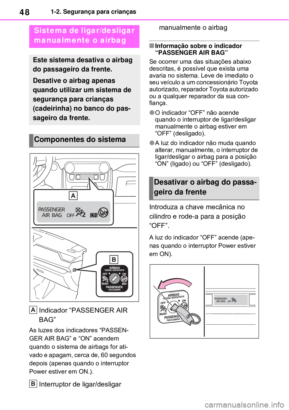 TOYOTA RAV4 PHEV 2021  Manual de utilização (in Portuguese) 481-2. Segurança para crianças
1-2.Segurança para crianças
Indicador “PASSENGER AIR 
BAG”
As luzes dos indicadores “PASSEN-
GER AIR BAG” e “ON” acendem 
quando o sistema de airbags for