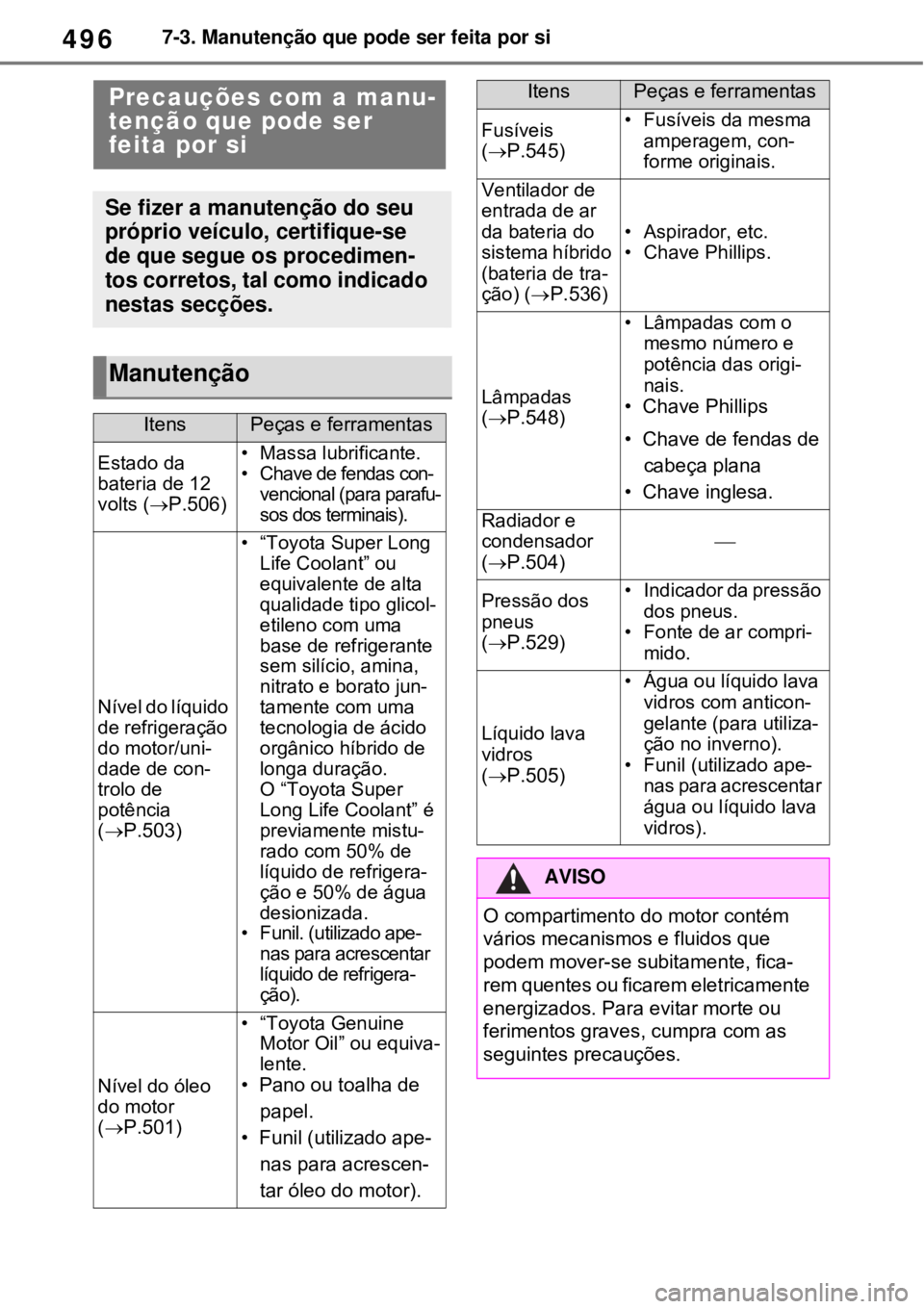 TOYOTA RAV4 PHEV 2021 Manual de utilização (in Portuguese) 4967-3. Manutenção que pode ser feita por si
7-3.Manutenção que pode ser feita por siPrecauções com a manu-
tenção que pode ser
feita por si
Se fizer a manutenção do seu
próprio veículo, TOYOTA RAV4 PHEV 2021 Manual de utilização (in Portuguese) 4967-3. Manutenção que pode ser feita por si
7-3.Manutenção que pode ser feita por siPrecauções com a manu-
tenção que pode ser
feita por si
Se fizer a manutenção do seu
próprio veículo,