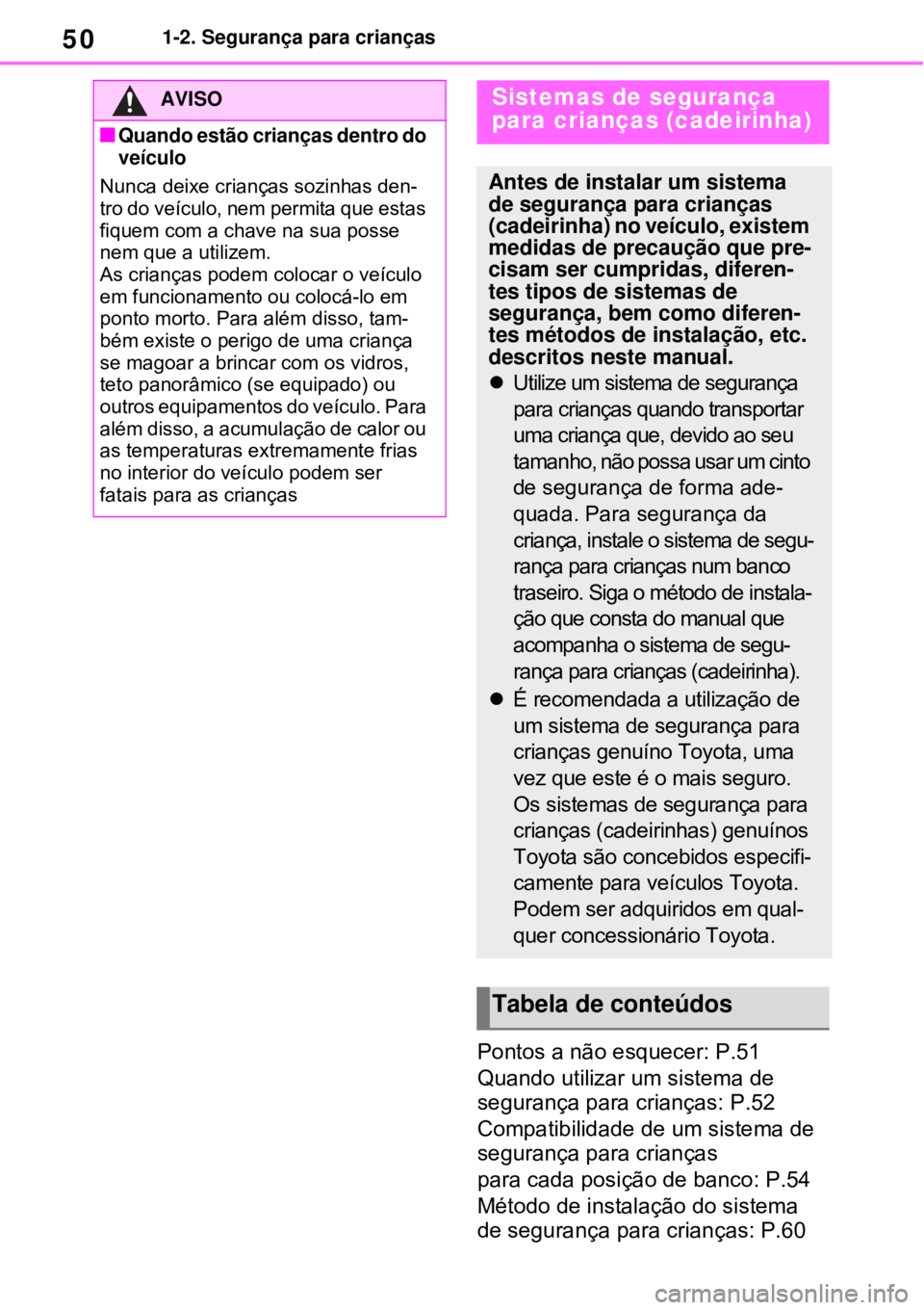 TOYOTA RAV4 PHEV 2021 Manual de utilização (in Portuguese) 501-2. Segurança para crianças
Pontos a não esquecer: P.51
Quando utilizar um sistema de
segurança para crianças: P.52
Compatibilidade de um sistema de
segurança para crianças
para cada posi TOYOTA RAV4 PHEV 2021 Manual de utilização (in Portuguese) 501-2. Segurança para crianças
Pontos a não esquecer: P.51
Quando utilizar um sistema de
segurança para crianças: P.52
Compatibilidade de um sistema de
segurança para crianças
para cada posi