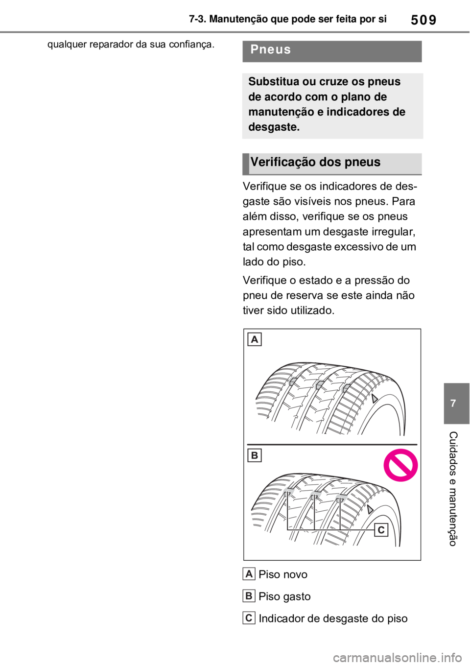 TOYOTA RAV4 PHEV 2021 Manual de utilização (in Portuguese) 509
7 7-3. Manutenção que pode ser feita por si
Cuidados e manutenção
qualquer reparador da sua confiança.
Verifique se os indicadores de des-
gaste são visíveis nos pneus. Para
além disso, v TOYOTA RAV4 PHEV 2021 Manual de utilização (in Portuguese) 509
7 7-3. Manutenção que pode ser feita por si
Cuidados e manutenção
qualquer reparador da sua confiança.
Verifique se os indicadores de des-
gaste são visíveis nos pneus. Para
além disso, v
