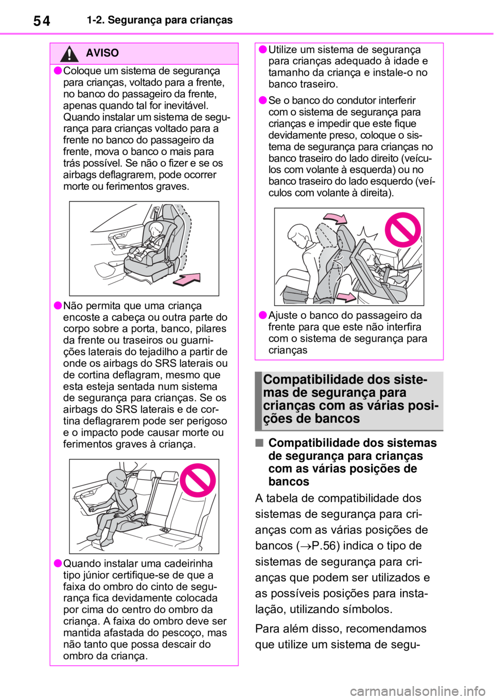 TOYOTA RAV4 PHEV 2021 Manual de utilização (in Portuguese) 541-2. Segurança para crianças
Compatibilidade dos sistemas
de segurança para crianças
com as várias posições de
bancos
A tabela de compatibilidade dos
sistemas de segurança para cri-
TOYOTA RAV4 PHEV 2021 Manual de utilização (in Portuguese) 541-2. Segurança para crianças
Compatibilidade dos sistemas
de segurança para crianças
com as várias posições de
bancos
A tabela de compatibilidade dos
sistemas de segurança para cri-