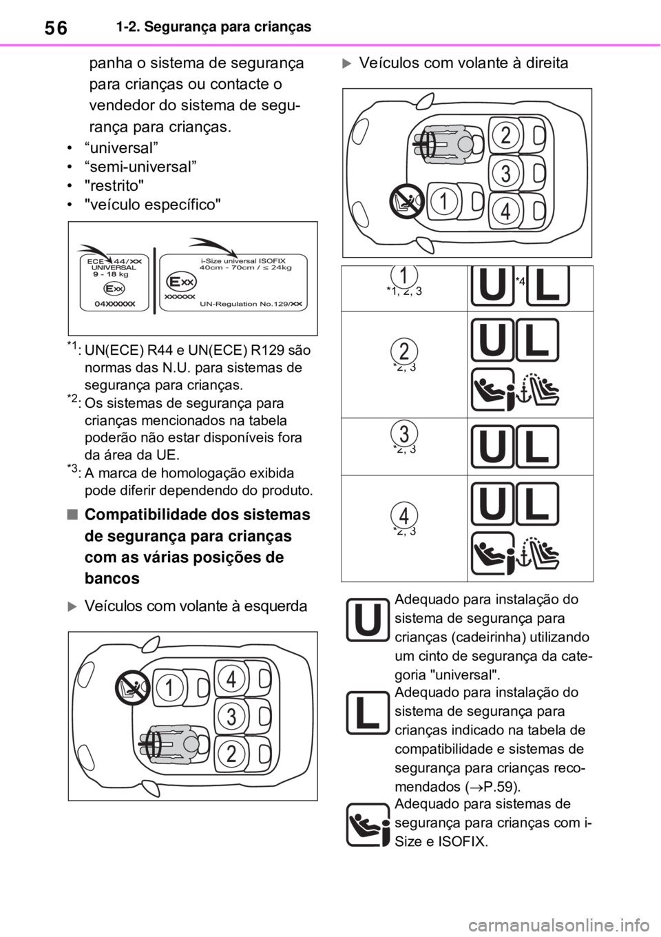 TOYOTA RAV4 PHEV 2021 Manual de utilização (in Portuguese) 561-2. Segurança para crianças
panha o sistema de segurança
para crianças ou contacte o
vendedor do sistema de segu-
rança para crianças.
• “universal”
• “semi-universal”
• "rest TOYOTA RAV4 PHEV 2021 Manual de utilização (in Portuguese) 561-2. Segurança para crianças
panha o sistema de segurança
para crianças ou contacte o
vendedor do sistema de segu-
rança para crianças.
• “universal”
• “semi-universal”
• "rest