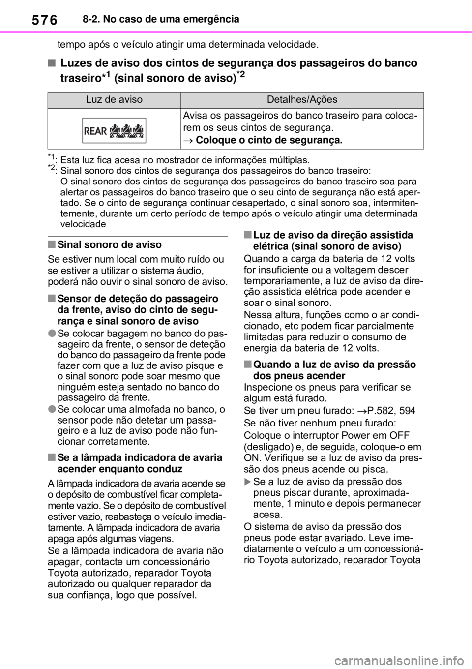 TOYOTA RAV4 PHEV 2021 Manual de utilização (in Portuguese) 5768-2. No caso de uma emergência
tempo após o veículo atingir uma determinada velocidade.
Luzes de aviso dos cintos de segurança dos passageiros do banco
traseiro*1 (sinal sonoro de aviso)*2 TOYOTA RAV4 PHEV 2021 Manual de utilização (in Portuguese) 5768-2. No caso de uma emergência
tempo após o veículo atingir uma determinada velocidade.
Luzes de aviso dos cintos de segurança dos passageiros do banco
traseiro*1 (sinal sonoro de aviso)*2