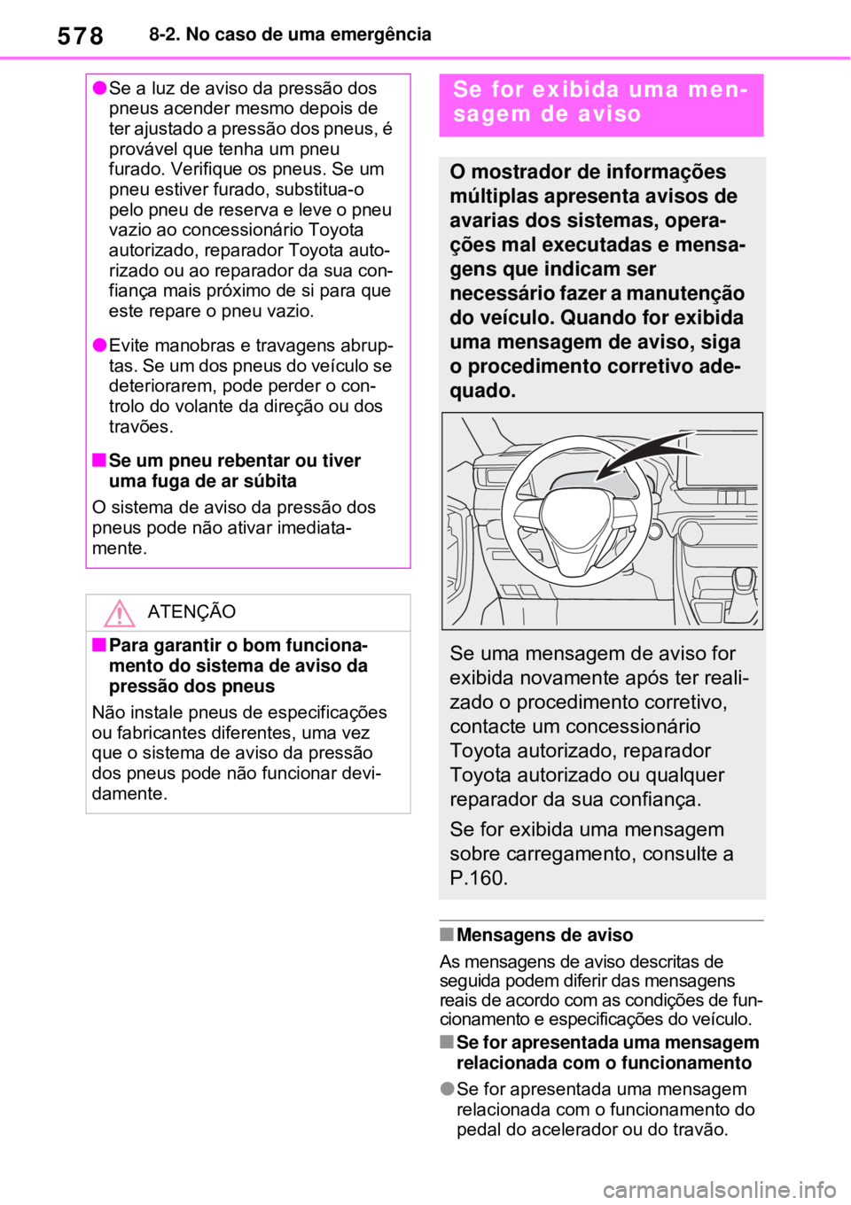 TOYOTA RAV4 PHEV 2021 Manual de utilização (in Portuguese) 5788-2. No caso de uma emergência
Mensagens de aviso
As mensagens de aviso descritas de
seguida podem diferir das mensagens
reais de acordo com as condições de fun-
cionamento e especificaçõ TOYOTA RAV4 PHEV 2021 Manual de utilização (in Portuguese) 5788-2. No caso de uma emergência
Mensagens de aviso
As mensagens de aviso descritas de
seguida podem diferir das mensagens
reais de acordo com as condições de fun-
cionamento e especificaçõ