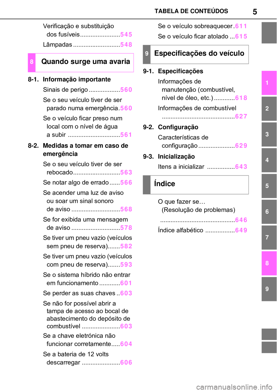 TOYOTA RAV4 PHEV 2021  Manual de utilização (in Portuguese) 5TABELA DE CONTEÚDOS
1
6 5
4
3
2
8
7
9
Verificação e substituição 
dos fusíveis.......................545
Lâmpadas ...........................548
8-1. Informação importante
Sinais de perigo .