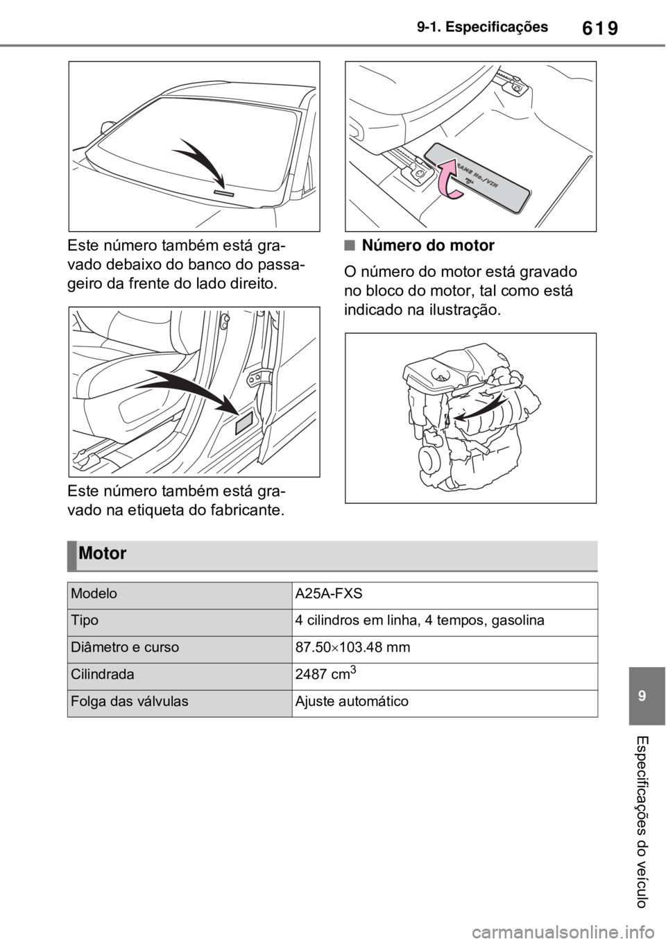 TOYOTA RAV4 PHEV 2021 Manual de utilização (in Portuguese) 619
9 9-1. Especificações
Especificações do veículo
Este número também está gra-
vado debaixo do banco do passa-
geiro da frente do lado direito.
Este número também está gra-
vado na etique TOYOTA RAV4 PHEV 2021 Manual de utilização (in Portuguese) 619
9 9-1. Especificações
Especificações do veículo
Este número também está gra-
vado debaixo do banco do passa-
geiro da frente do lado direito.
Este número também está gra-
vado na etique
