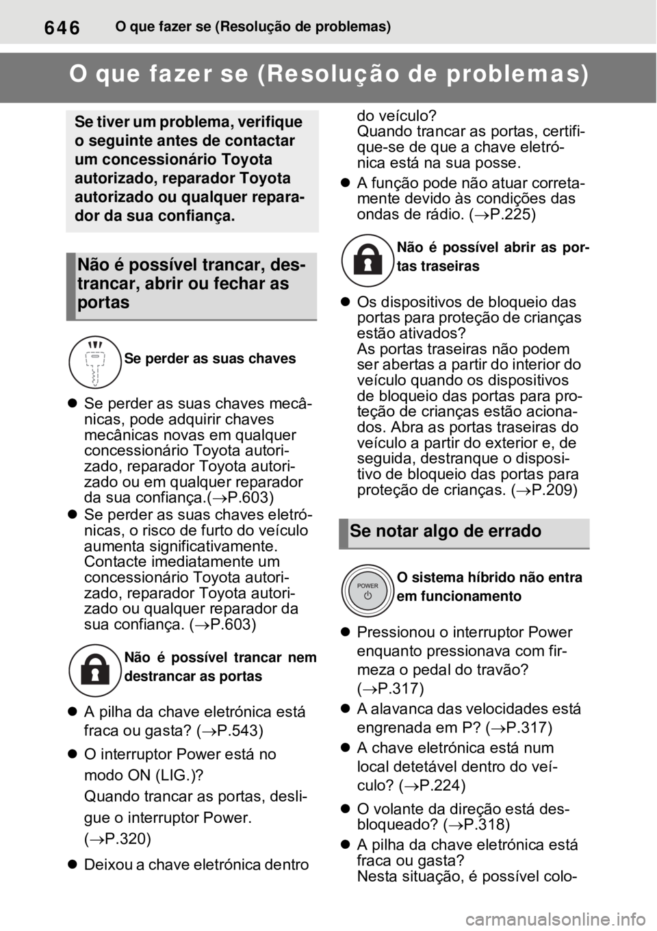 TOYOTA RAV4 PHEV 2021 Manual de utilização (in Portuguese) 646O que fazer se (Resolução de problemas)
1-1.What to do if... (Troubleshooting)O que fazer se (Resolução de problemas)
Se perder as suas chaves mecâ-
nicas, pode adquirir chaves
mecânicas TOYOTA RAV4 PHEV 2021 Manual de utilização (in Portuguese) 646O que fazer se (Resolução de problemas)
1-1.What to do if... (Troubleshooting)O que fazer se (Resolução de problemas)
Se perder as suas chaves mecâ-
nicas, pode adquirir chaves
mecânicas