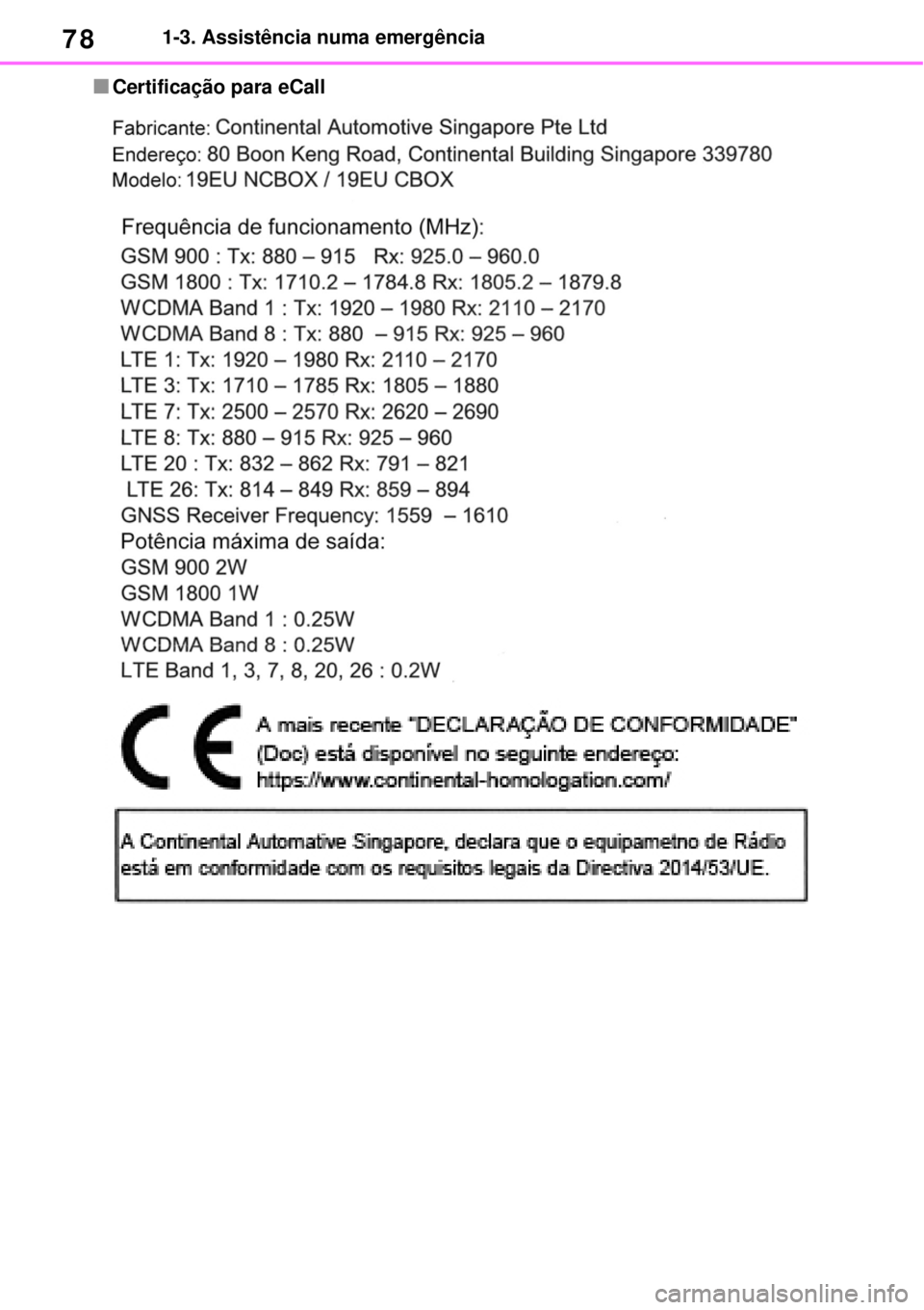 TOYOTA RAV4 PHEV 2021  Manual de utilização (in Portuguese) 781-3. Assistência numa emergência
Certificação para eCall 