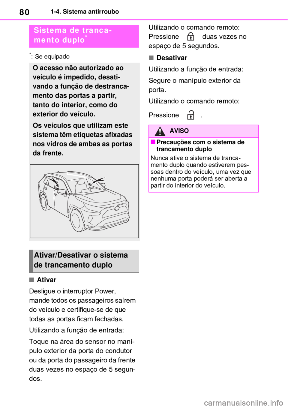 TOYOTA RAV4 PHEV 2021 Manual de utilização (in Portuguese) 801-4. Sistema antirroubo
*: Se equipado
Ativar
Desligue o interruptor Power,
mande todos os passageiros saírem
do veículo e certifique-se de que
todas as portas ficam fechadas.
Utilizando a f TOYOTA RAV4 PHEV 2021 Manual de utilização (in Portuguese) 801-4. Sistema antirroubo
*: Se equipado
Ativar
Desligue o interruptor Power,
mande todos os passageiros saírem
do veículo e certifique-se de que
todas as portas ficam fechadas.
Utilizando a f