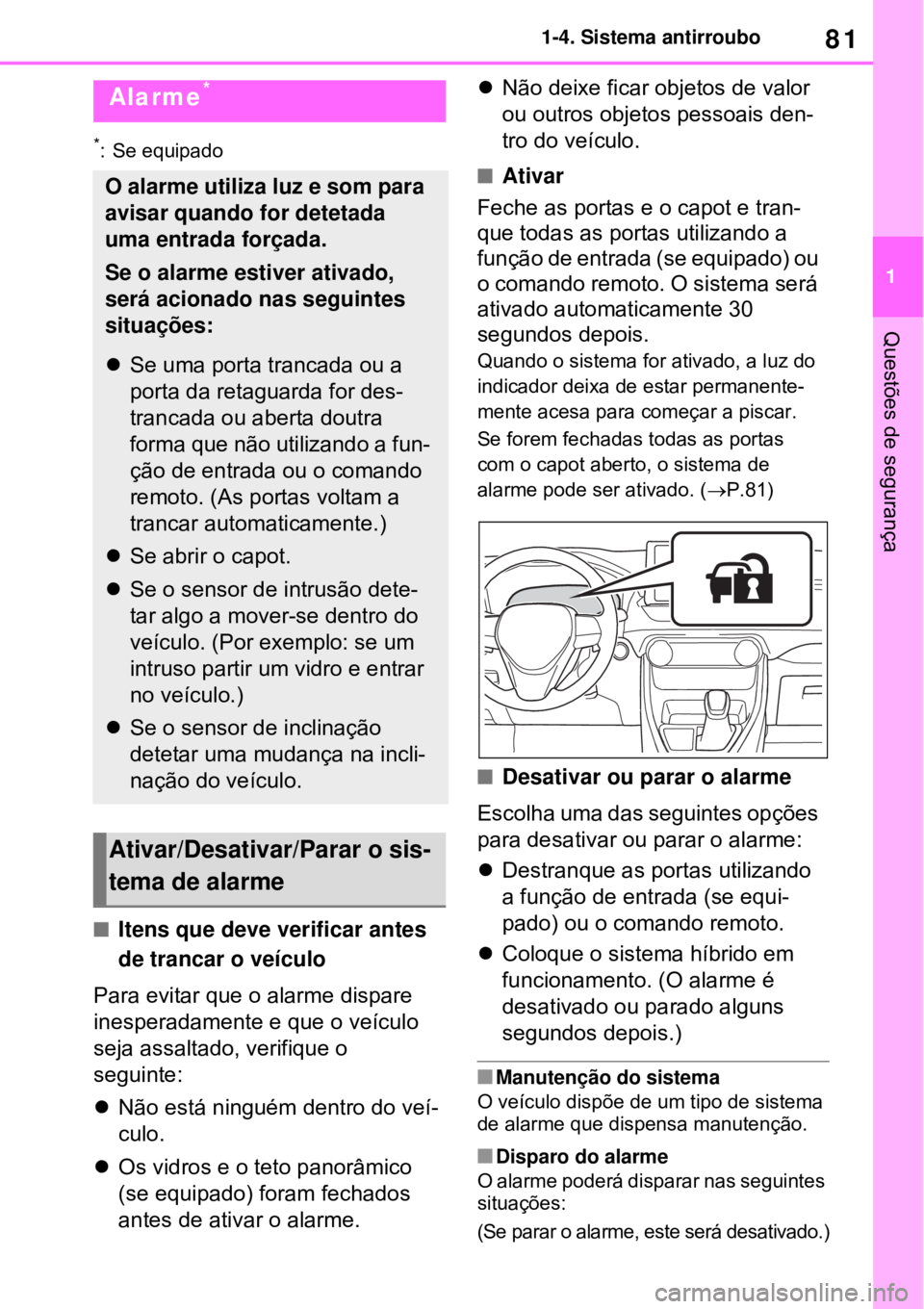 TOYOTA RAV4 PHEV 2021 Manual de utilização (in Portuguese) 81
1 1-4. Sistema antirroubo
Questões de segurança
*: Se equipado
Itens que deve verificar antes
de trancar o veículo
Para evitar que o alarme dispare
inesperadamente e que o veículo
seja as TOYOTA RAV4 PHEV 2021 Manual de utilização (in Portuguese) 81
1 1-4. Sistema antirroubo
Questões de segurança
*: Se equipado
Itens que deve verificar antes
de trancar o veículo
Para evitar que o alarme dispare
inesperadamente e que o veículo
seja as