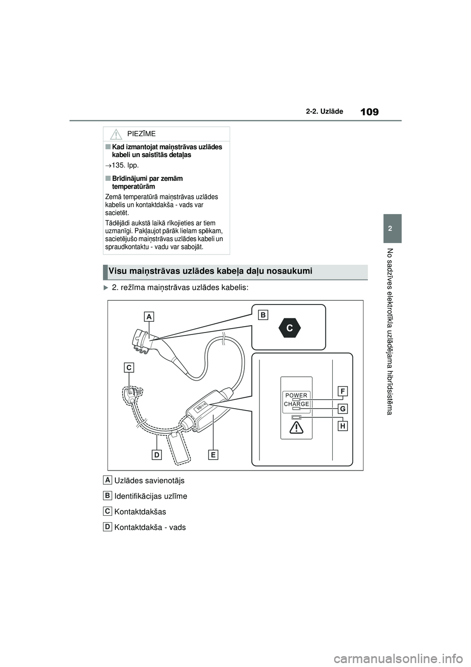 TOYOTA RAV4 PHEV 2021  Lietošanas Instrukcija (in Latvian) 109
2
2-2. Uzl
āde
No sadz īves elektrot īkla uzl ādējama hibr īdsist ēma
�X2. rež īma mai ņstr āvas uzl ādes kabelis:
Uzl ādes savienot ājs
Identifik ācijas uzl īme
Kontaktdakšas
Kon