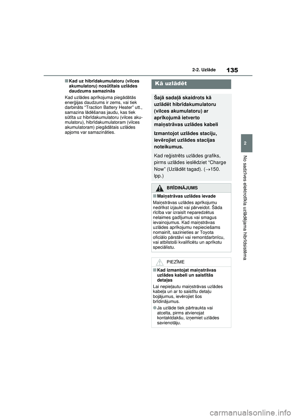 TOYOTA RAV4 PHEV 2021 Lietošanas Instrukcija (in Latvian) 135
2
2-2. Uzl
āde
No sadz īves elektrot īkla uzl ādējama hibr īdsist ēma
■Kad uz hibr īdakumulatoru (vilces
akumulatoru) nos ūtītais uzlā des
daudzums samazin ās
Kad uzl ādes apr īk TOYOTA RAV4 PHEV 2021 Lietošanas Instrukcija (in Latvian) 135
2
2-2. Uzl
āde
No sadz īves elektrot īkla uzl ādējama hibr īdsist ēma
■Kad uz hibr īdakumulatoru (vilces
akumulatoru) nos ūtītais uzlā des
daudzums samazin ās
Kad uzl ādes apr īk