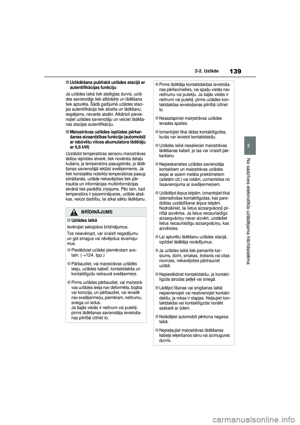 TOYOTA RAV4 PHEV 2021 Lietošanas Instrukcija (in Latvian) 139
2
2-2. Uzl
āde
No sadz īves elektrot īkla uzl ādējama hibr īdsist ēma
■Uzl ād ēšana publisk ā uzlā des stacij ā ar
autentifik ācijas funkciju
Ja uzl ādes laik ā tiek atsl ēgtas TOYOTA RAV4 PHEV 2021 Lietošanas Instrukcija (in Latvian) 139
2
2-2. Uzl
āde
No sadz īves elektrot īkla uzl ādējama hibr īdsist ēma
■Uzl ād ēšana publisk ā uzlā des stacij ā ar
autentifik ācijas funkciju
Ja uzl ādes laik ā tiek atsl ēgtas