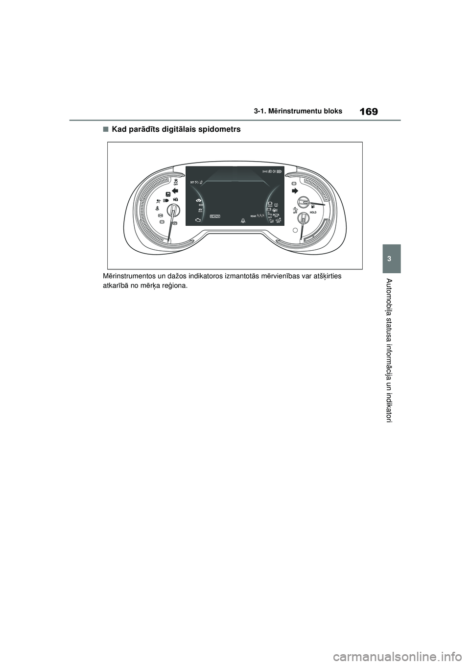 TOYOTA RAV4 PHEV 2021  Lietošanas Instrukcija (in Latvian) 169
3
3-1. M
ērinstrumentu bloks
Automobi ļa statusa inform ācija un indikatori
■Kad par ād īts digit ālais spidometrs
M ērinstrumentos un dažos indikatoros izmantot ās m ērvien ības var 