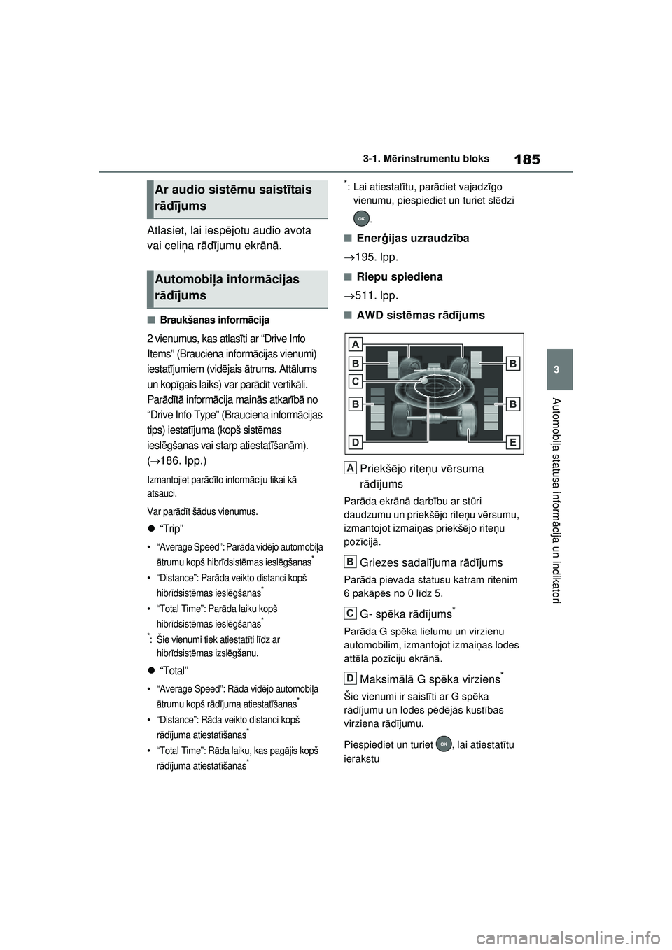 TOYOTA RAV4 PHEV 2021 Lietošanas Instrukcija (in Latvian) 185
3
3-1. M
ērinstrumentu bloks
Automobi ļa statusa inform ācija un indikatori
Atlasiet, lai iesp ējotu audio avota
vai celi ņa r ādījumu ekr ānā.
■Braukšanas inform ācija
2 vienumus, k TOYOTA RAV4 PHEV 2021 Lietošanas Instrukcija (in Latvian) 185
3
3-1. M
ērinstrumentu bloks
Automobi ļa statusa inform ācija un indikatori
Atlasiet, lai iesp ējotu audio avota
vai celi ņa r ādījumu ekr ānā.
■Braukšanas inform ācija
2 vienumus, k
