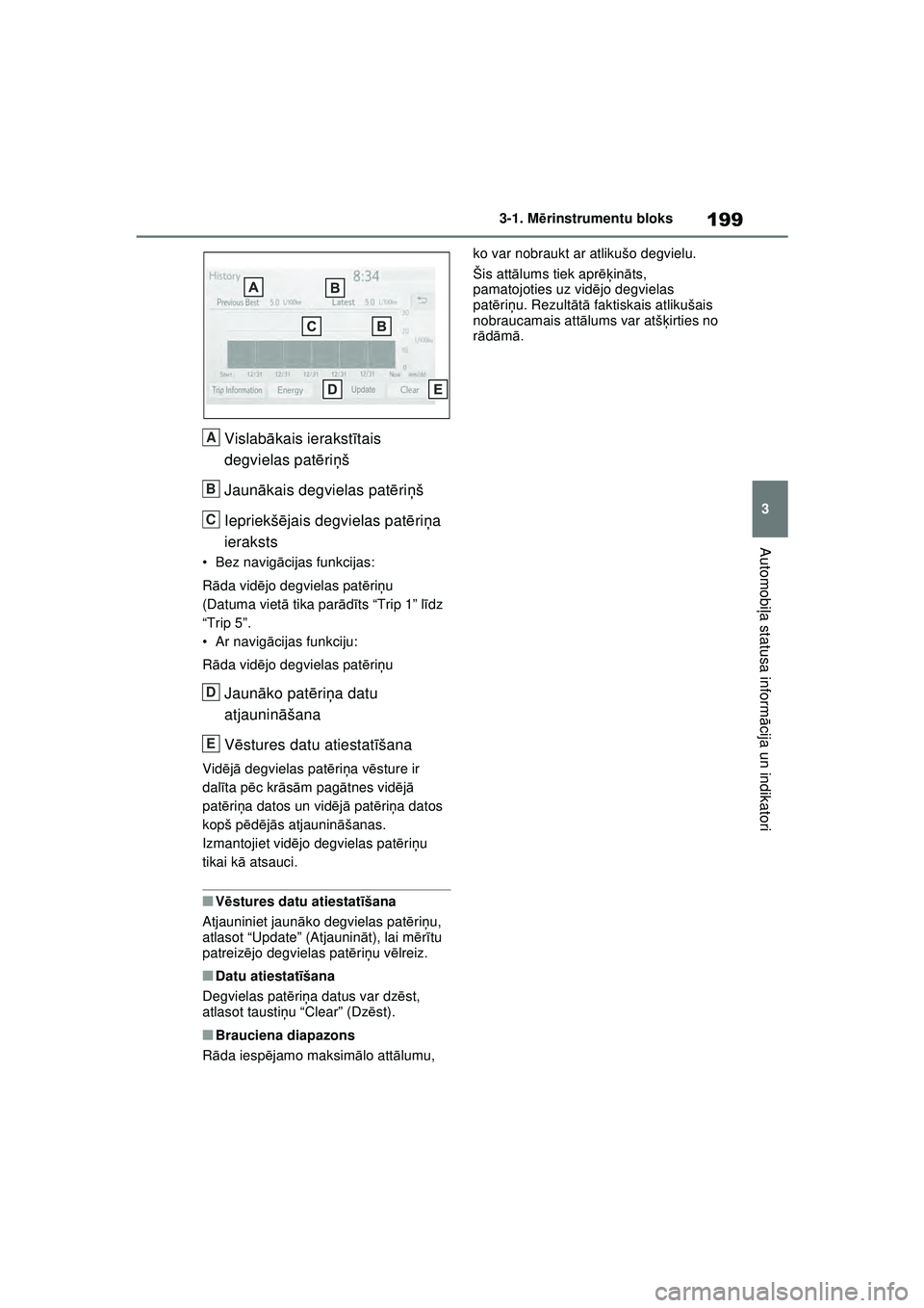 TOYOTA RAV4 PHEV 2021  Lietošanas Instrukcija (in Latvian) 199
3
3-1. M
ērinstrumentu bloks
Automobi ļa statusa inform ācija un indikatori
Vislab ākais ierakst ītais 
degvielas pat ēriņš
Jaunā kais degvielas pat ēriņš
Iepriekš ējais degvielas pa