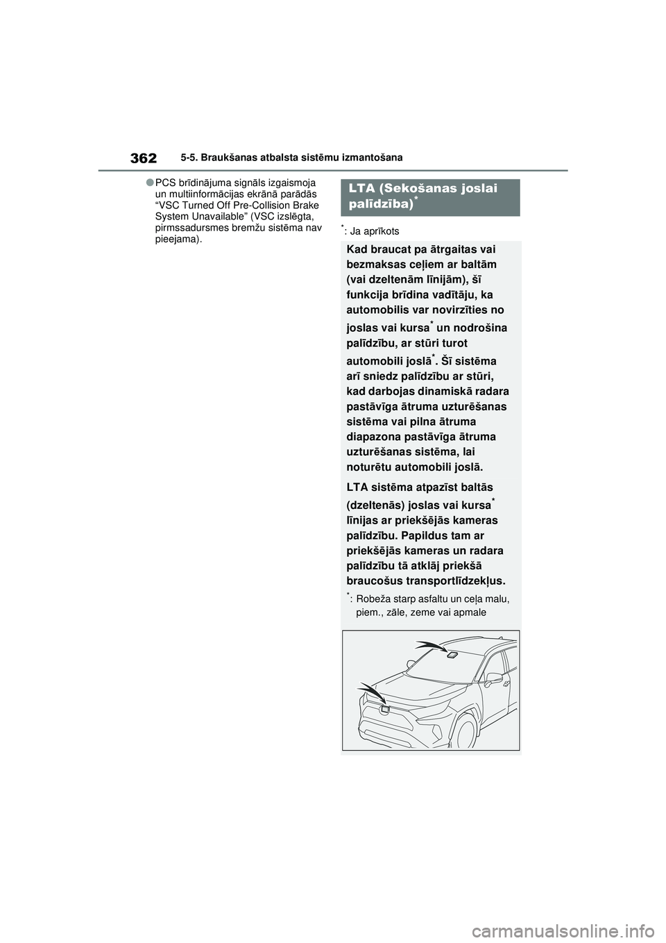 TOYOTA RAV4 PHEV 2021 Lietošanas Instrukcija (in Latvian) 3625-5. Braukšanas atbalsta sistēmu izmantošana
●PCS br īdin ājuma sign āls izgaismoja
un multiinform ācijas ekr ān ā par ād ās
“VSC Turned Off Pre-Collision Brake
System Unavailable TOYOTA RAV4 PHEV 2021 Lietošanas Instrukcija (in Latvian) 3625-5. Braukšanas atbalsta sistēmu izmantošana
●PCS br īdin ājuma sign āls izgaismoja
un multiinform ācijas ekr ān ā par ād ās
“VSC Turned Off Pre-Collision Brake
System Unavailable