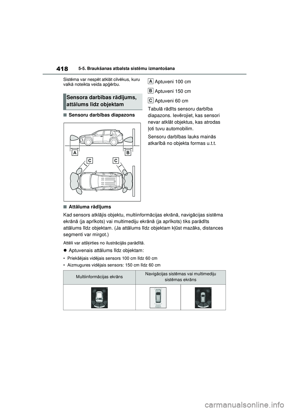 TOYOTA RAV4 PHEV 2021  Lietošanas Instrukcija (in Latvian) 4185-5. Braukšanas atbalsta sistēmu izmantošana
Sist ēma var nespē t atklāt cilv ēkus, kuru 
valkā  noteikta veida ap ģērbu.
■Sensoru darbī bas diapazons Aptuveni 100 cm
Aptuveni 150 cm
A
