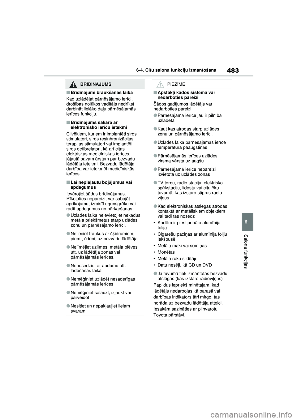 TOYOTA RAV4 PHEV 2021 Lietošanas Instrukcija (in Latvian) 483
6
6-4. Citu salona funkciju izmantošana
Salona funkcijas
BRĪ
DINĀ JUMS
■Brīdinā jumi braukšanas laik ā
Kad uzl ād ējat p ārn ēsā jamo ier īci,
droš ības nol ūkos vad ītā js ne TOYOTA RAV4 PHEV 2021 Lietošanas Instrukcija (in Latvian) 483
6
6-4. Citu salona funkciju izmantošana
Salona funkcijas
BRĪ
DINĀ JUMS
■Brīdinā jumi braukšanas laik ā
Kad uzl ād ējat p ārn ēsā jamo ier īci,
droš ības nol ūkos vad ītā js ne