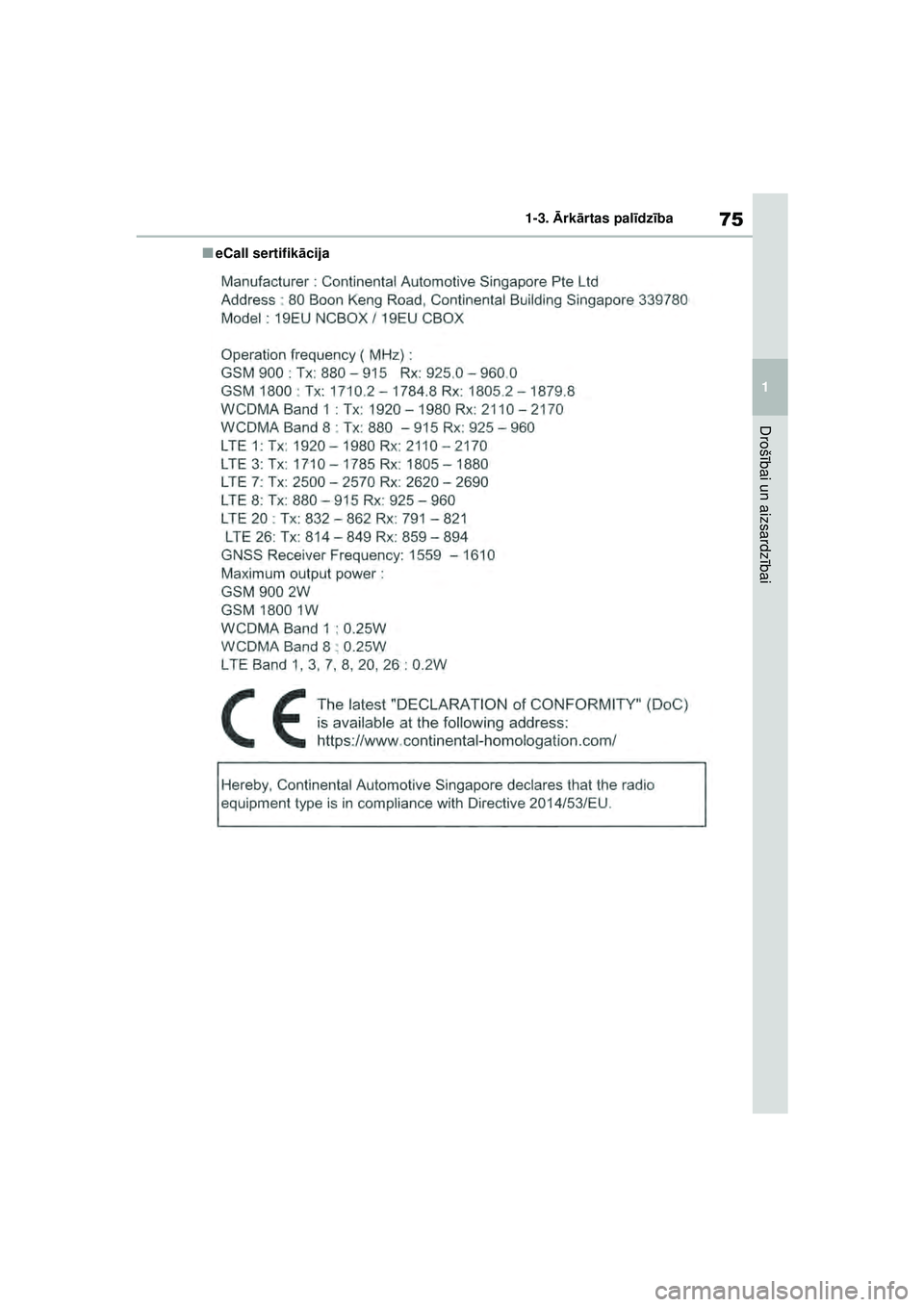 TOYOTA RAV4 PHEV 2021 Lietošanas Instrukcija (in Latvian) 75
1
1-3.
Ārk ārtas pal īdz ība
Droš ībai un aizsardz ībai
■eCall sertifikā cija
pM_RAV4-Plug-in-Hybrid_OM_OM42E06E_(LV).book Page 75 Sunday, February 28, 2021 9:56 AM TOYOTA RAV4 PHEV 2021 Lietošanas Instrukcija (in Latvian) 75
1
1-3.
Ārk ārtas pal īdz ība
Droš ībai un aizsardz ībai
■eCall sertifikā cija
pM_RAV4-Plug-in-Hybrid_OM_OM42E06E_(LV).book Page 75 Sunday, February 28, 2021 9:56 AM