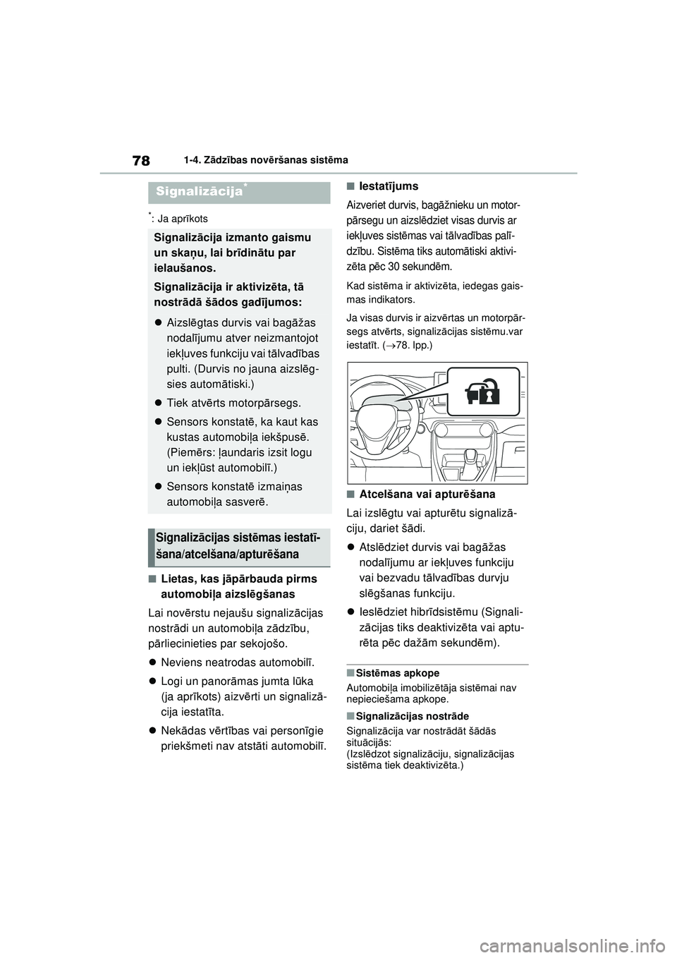 TOYOTA RAV4 PHEV 2021 Lietošanas Instrukcija (in Latvian) 781-4. Zādzības novē ršanas sist ēma
*: Ja apr īkots
■Lietas, kas j āp ārbauda pirms
automobi ļa aizsl ēgšanas
Lai nov ērstu nejaušu signaliz ācijas
nostr ādi un automobi ļa z ādz TOYOTA RAV4 PHEV 2021 Lietošanas Instrukcija (in Latvian) 781-4. Zādzības novē ršanas sist ēma
*: Ja apr īkots
■Lietas, kas j āp ārbauda pirms
automobi ļa aizsl ēgšanas
Lai nov ērstu nejaušu signaliz ācijas
nostr ādi un automobi ļa z ādz