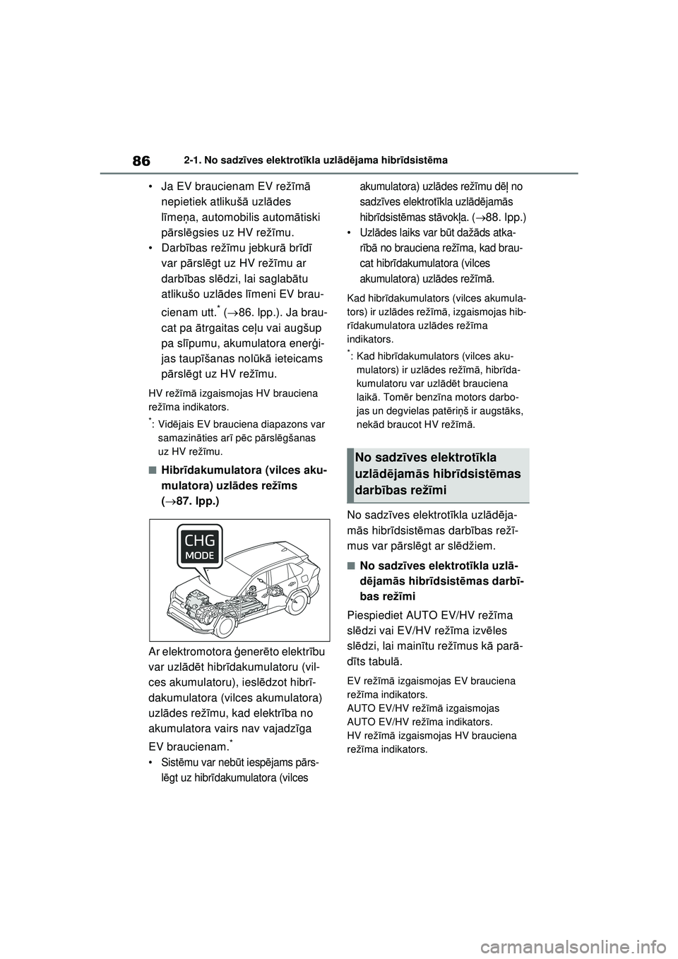 TOYOTA RAV4 PHEV 2021 Lietošanas Instrukcija (in Latvian) 862-1. No sadzīves elektrot īkla uzl ād ējama hibr īdsist ēma
• Ja EV braucienam EV rež īm ā
nepietiek atlikuš ā uzl ādes
l ī me ņa, automobilis autom ātiski
p ārsl ēgsies uz HV TOYOTA RAV4 PHEV 2021 Lietošanas Instrukcija (in Latvian) 862-1. No sadzīves elektrot īkla uzl ād ējama hibr īdsist ēma
• Ja EV braucienam EV rež īm ā
nepietiek atlikuš ā uzl ādes
l ī me ņa, automobilis autom ātiski
p ārsl ēgsies uz HV
