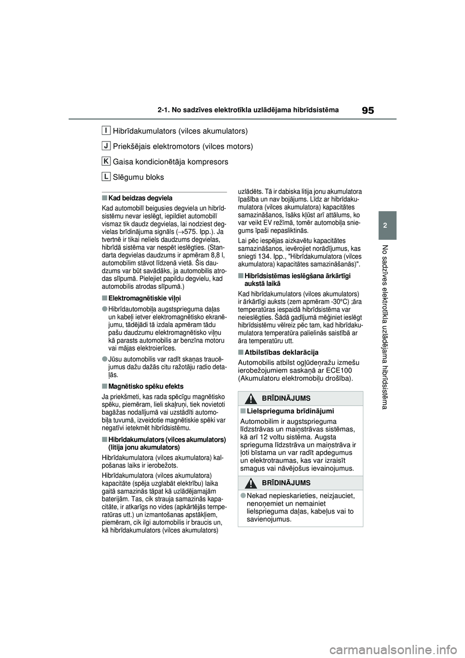 TOYOTA RAV4 PHEV 2021 Lietošanas Instrukcija (in Latvian) 95
2
2-1. No sadz
īves elektrot īkla uzl ād ējama hibr īdsist ēma
No sadz īves elektrot īkla uzl ādējama hibr īdsist ēma
Hibr īdakumulators (vilces akumulators)
Priekš ējais elektromoto TOYOTA RAV4 PHEV 2021 Lietošanas Instrukcija (in Latvian) 95
2
2-1. No sadz
īves elektrot īkla uzl ād ējama hibr īdsist ēma
No sadz īves elektrot īkla uzl ādējama hibr īdsist ēma
Hibr īdakumulators (vilces akumulators)
Priekš ējais elektromoto