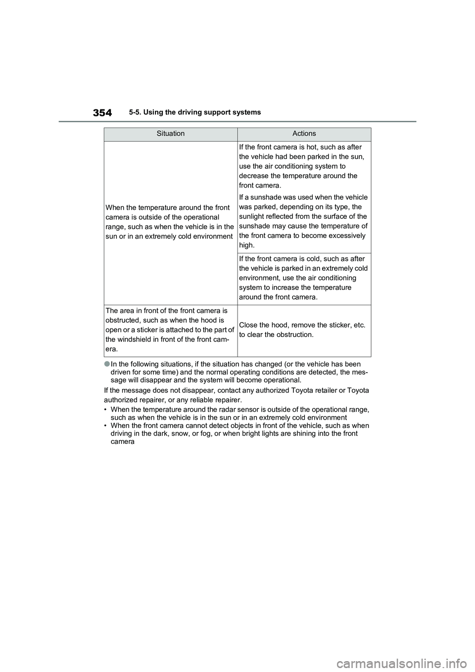 TOYOTA RAV4 PHEV 2021 Owners Guide 3545-5. Using the driving support systems
●In the following situations, if the situation has changed (or the vehicle has been
driven for some time) and the no rmal operating conditions are detecte TOYOTA RAV4 PHEV 2021 Owners Guide 3545-5. Using the driving support systems
●In the following situations, if the situation has changed (or the vehicle has been
driven for some time) and the no rmal operating conditions are detecte