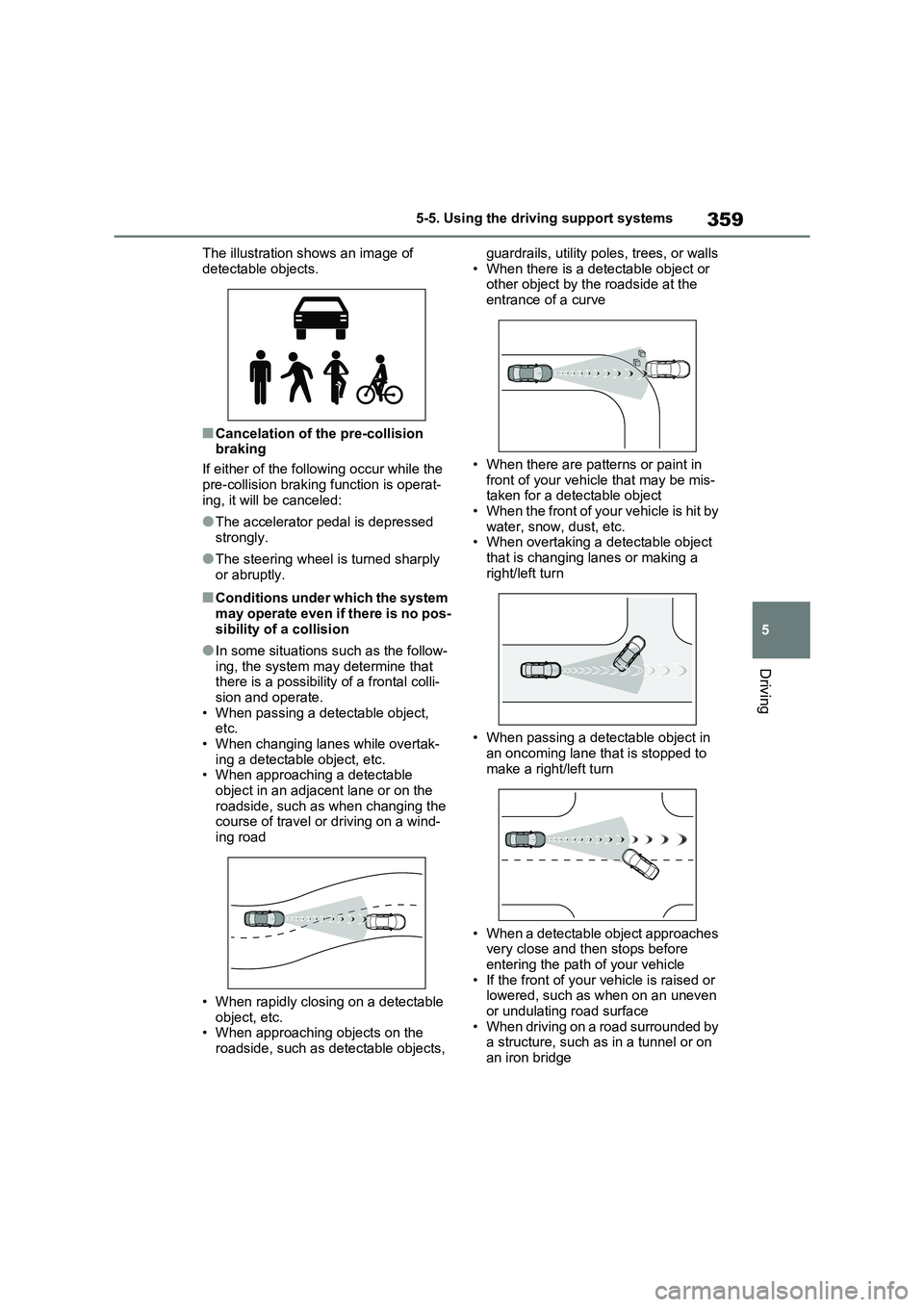 TOYOTA RAV4 PHEV 2021 Owners Manual 359
5
5-5. Using the driving support systems
Driving
The illustration shows an image of
detectable objects.
■Cancelation of the pre-collision
braking
If either of the foll owing occur while th TOYOTA RAV4 PHEV 2021 Owners Manual 359
5
5-5. Using the driving support systems
Driving
The illustration shows an image of
detectable objects.
■Cancelation of the pre-collision
braking
If either of the foll owing occur while th
